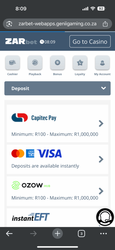 zarbet deposit payment methods available to south african players