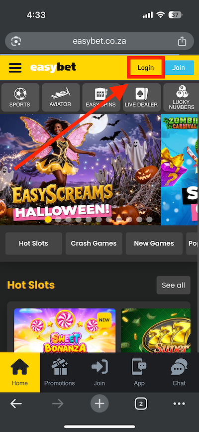 Easybet homepage login button
