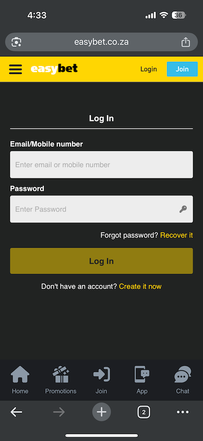 Easybet login page
