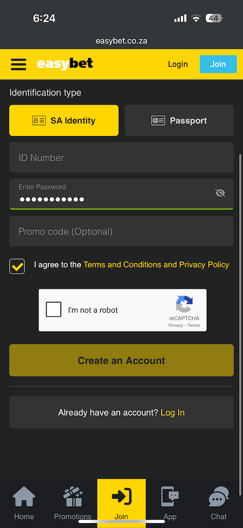 Easybet terms and conditions and reCAPTCHA checkbox