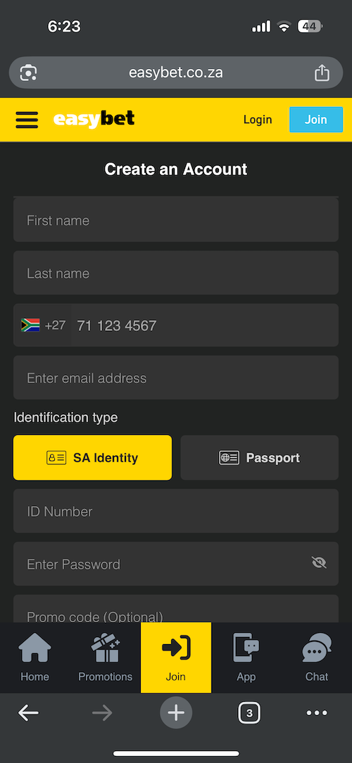 Easybet sign-up form