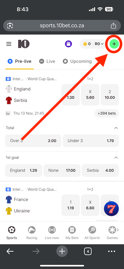 10bet deposit button location