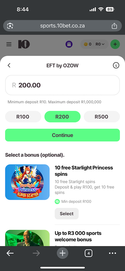 10bet deposit and bonus selection