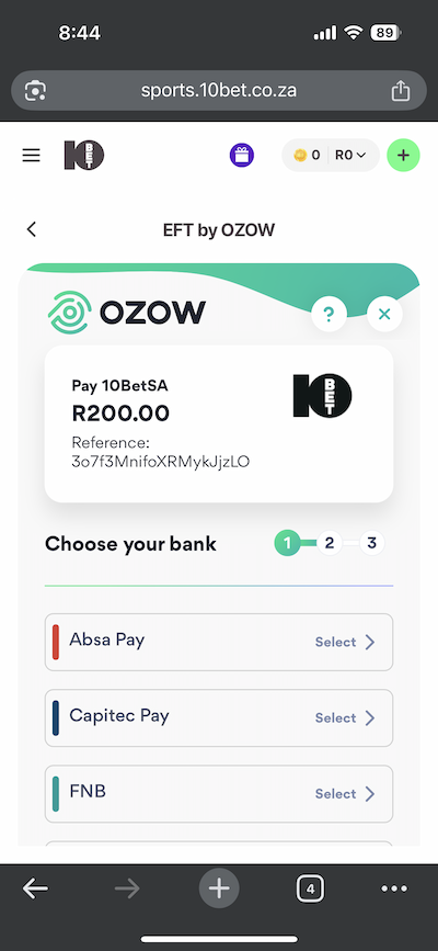 10bet instant EFT deposit example