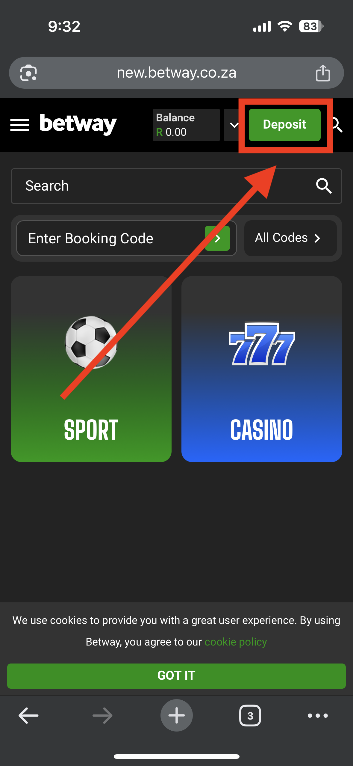 Betway deposit button