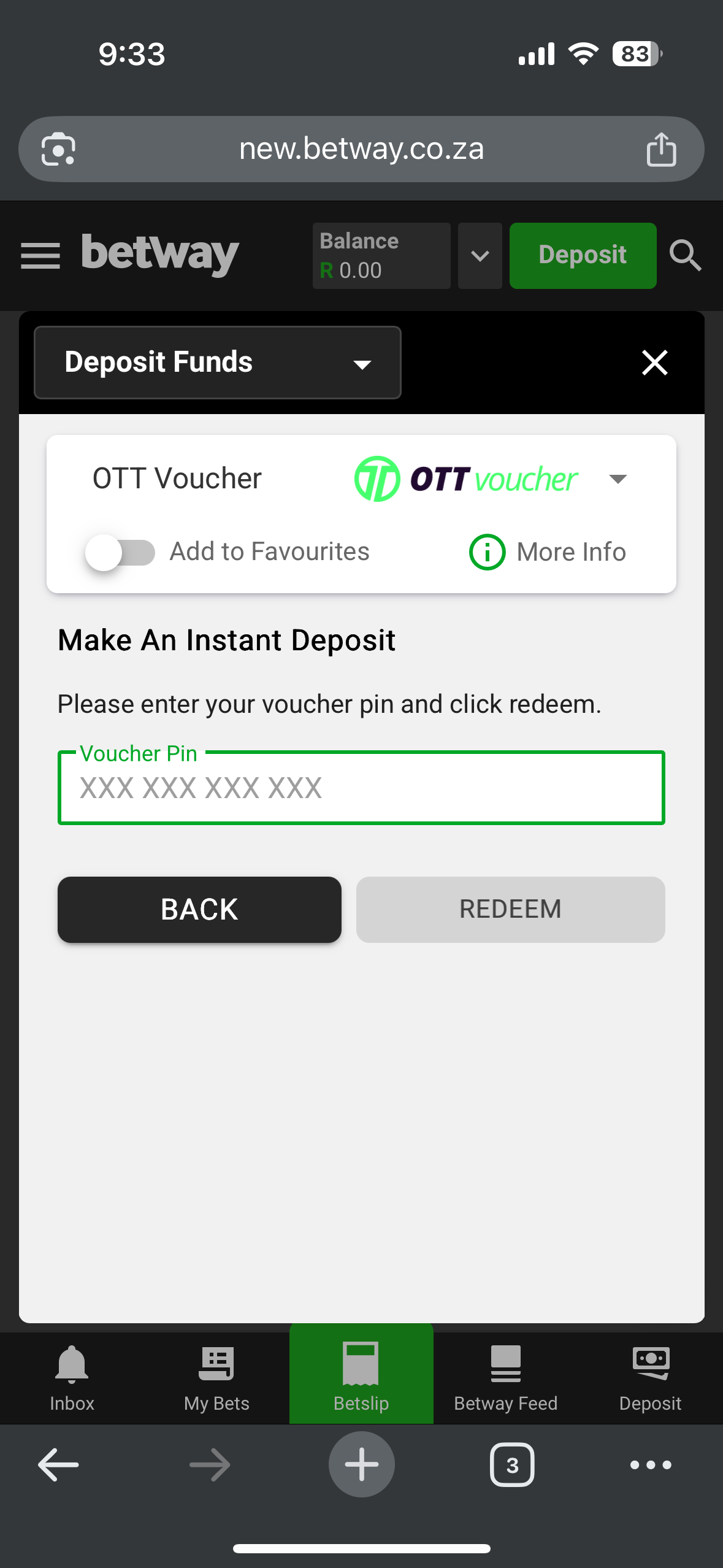Entering OTT voucher code at Betway