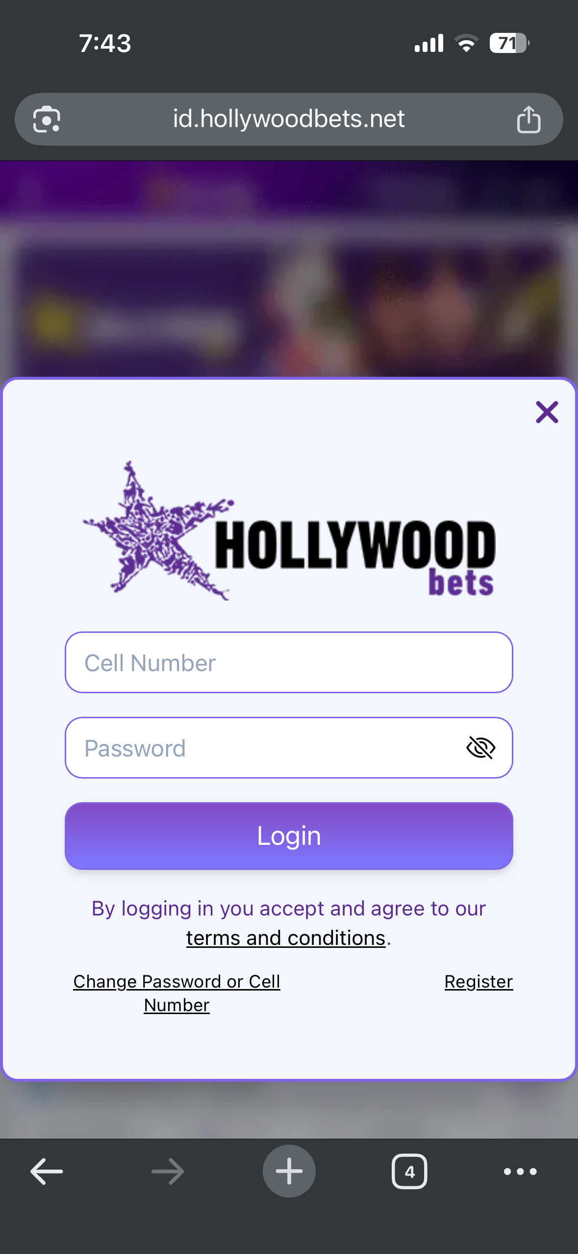Hollywoodbets login screen showing username and password fields