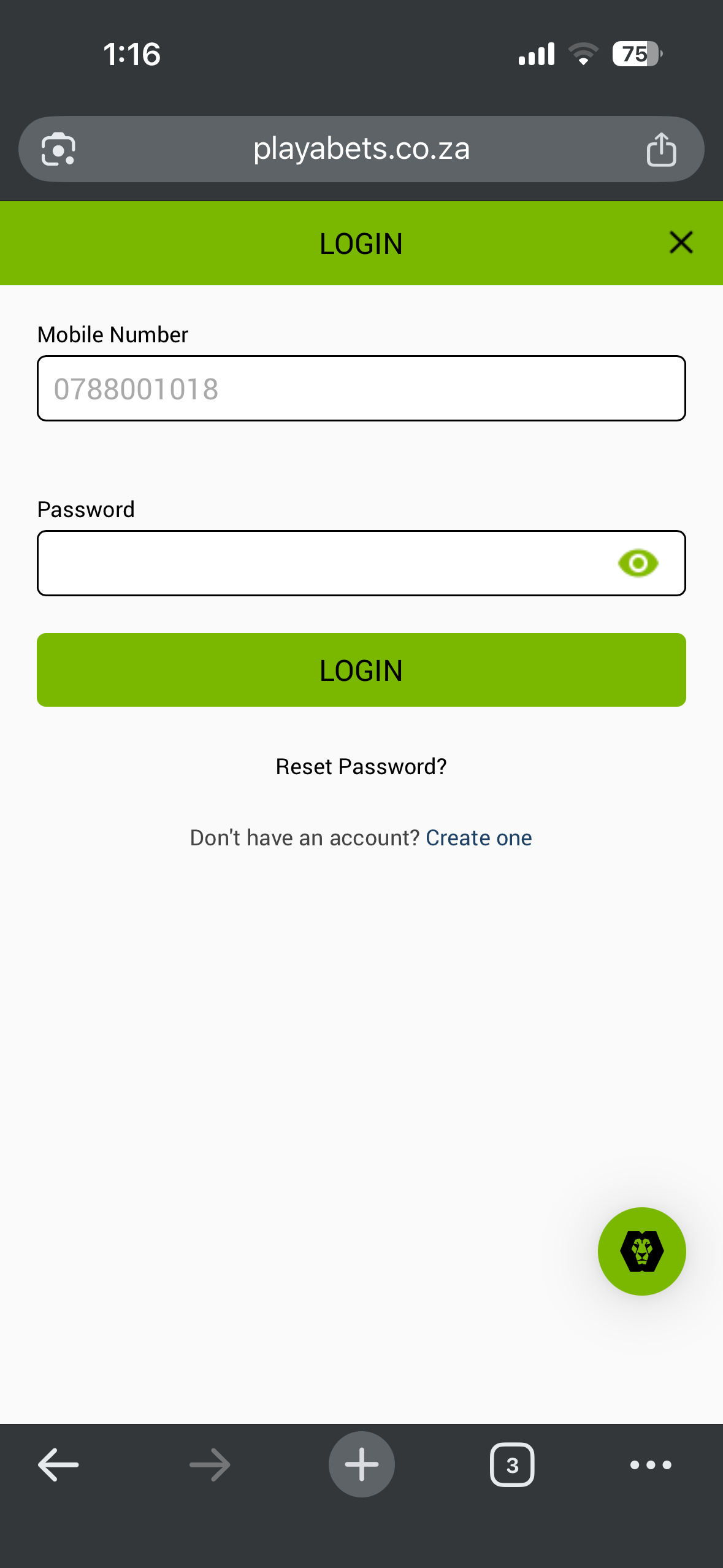 Playabets login form showing fields for mobile number or email and password