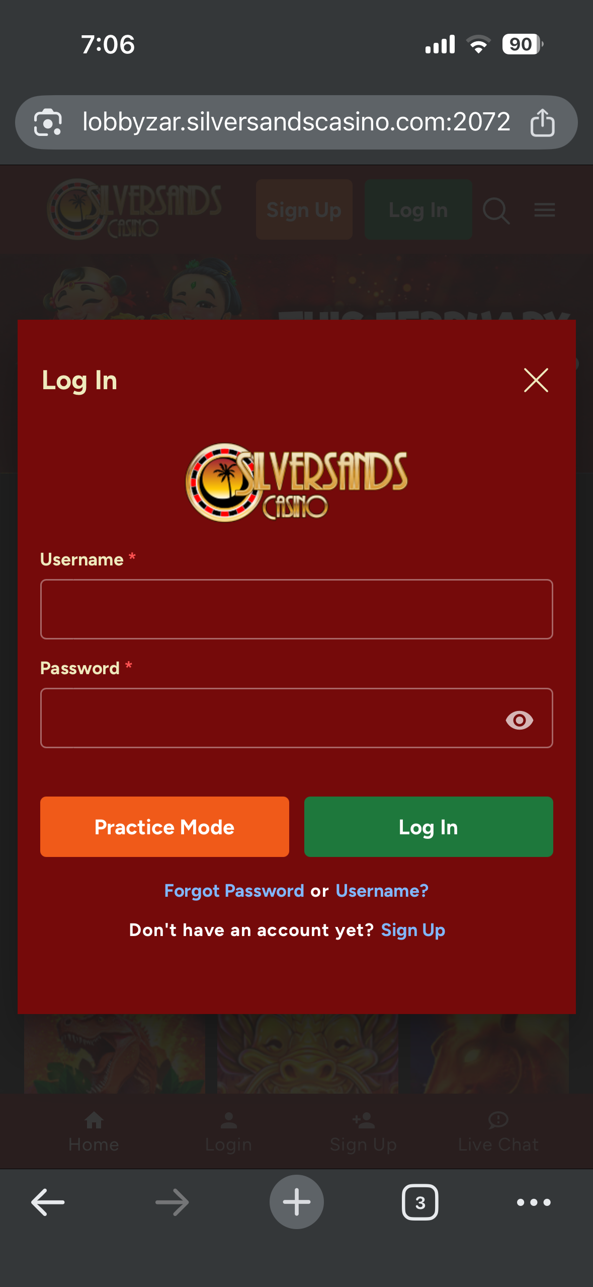 Silversands Casino login page showing username and password fields