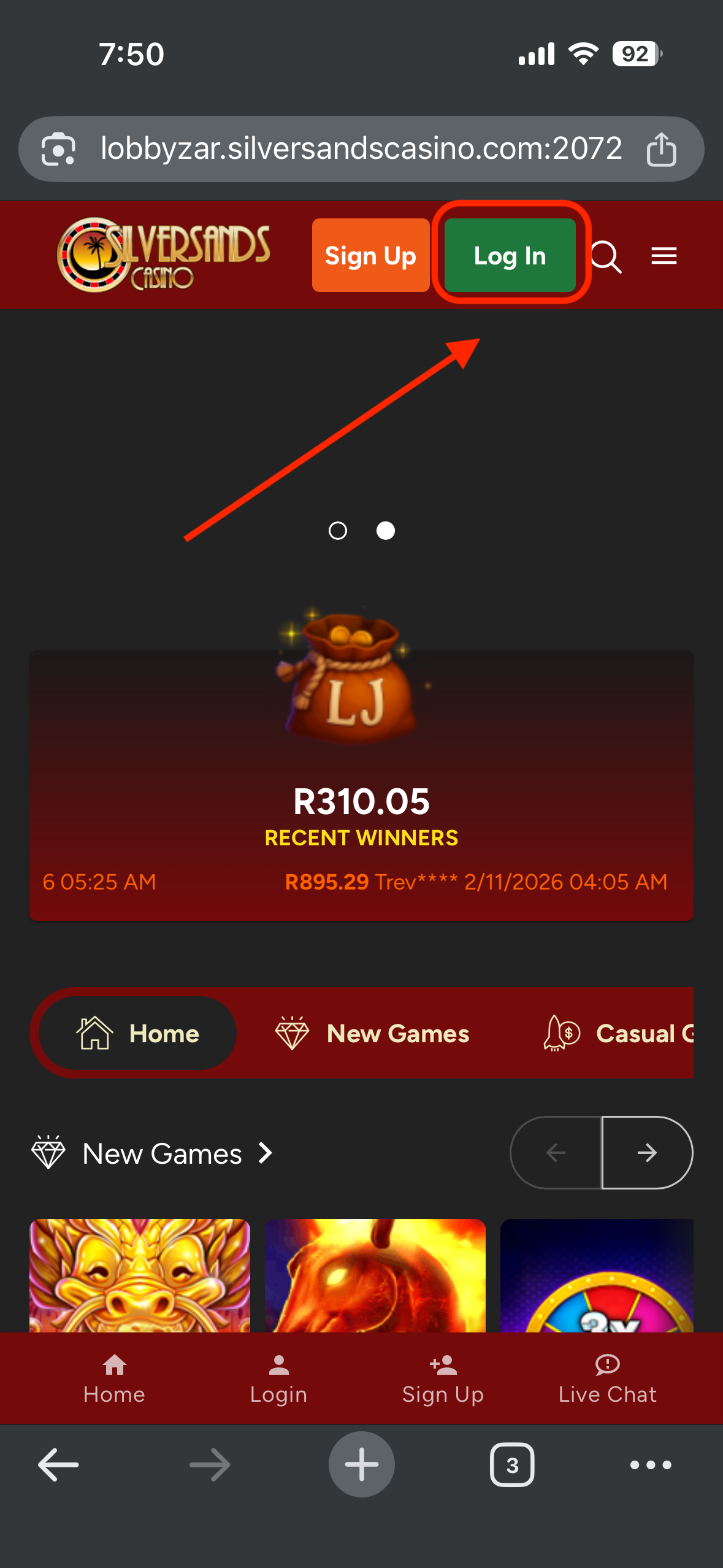 Silversands Casino homepage showing the Login button