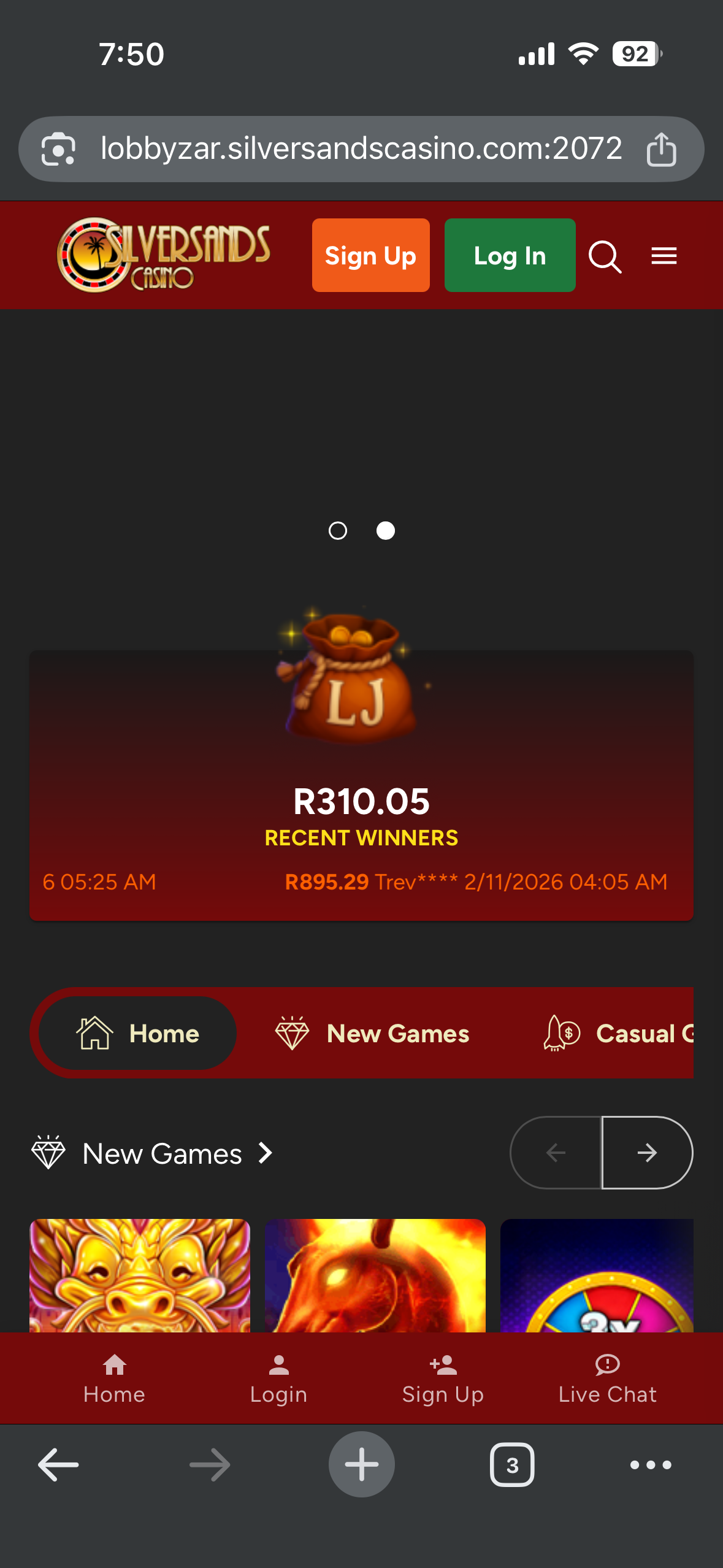 Silversands Casino homepage showing the orange SIGN UP button