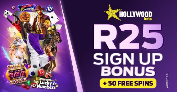 Hollywoodbets R25 free credit and 50 free spins welcome bonus South Africa