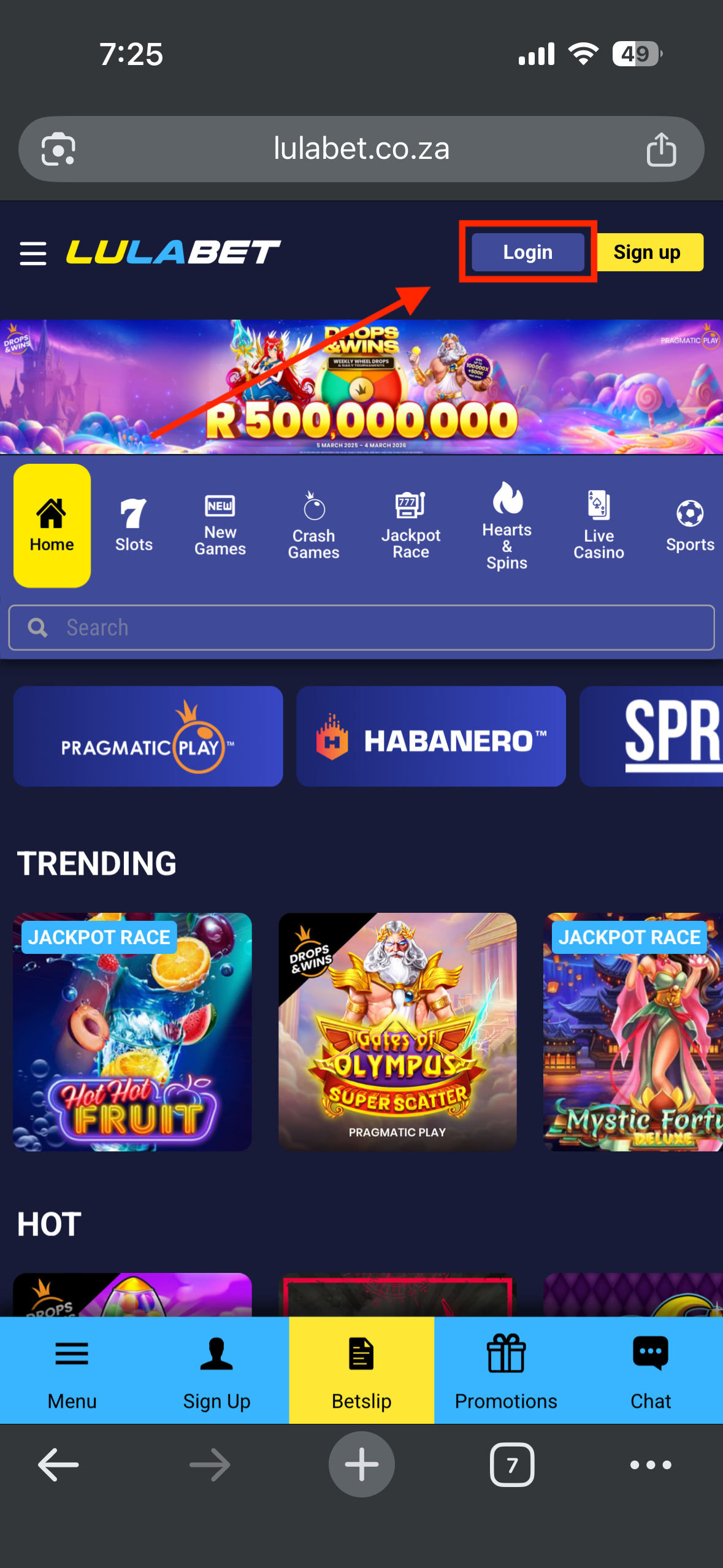Lulabet homepage showing the Login button