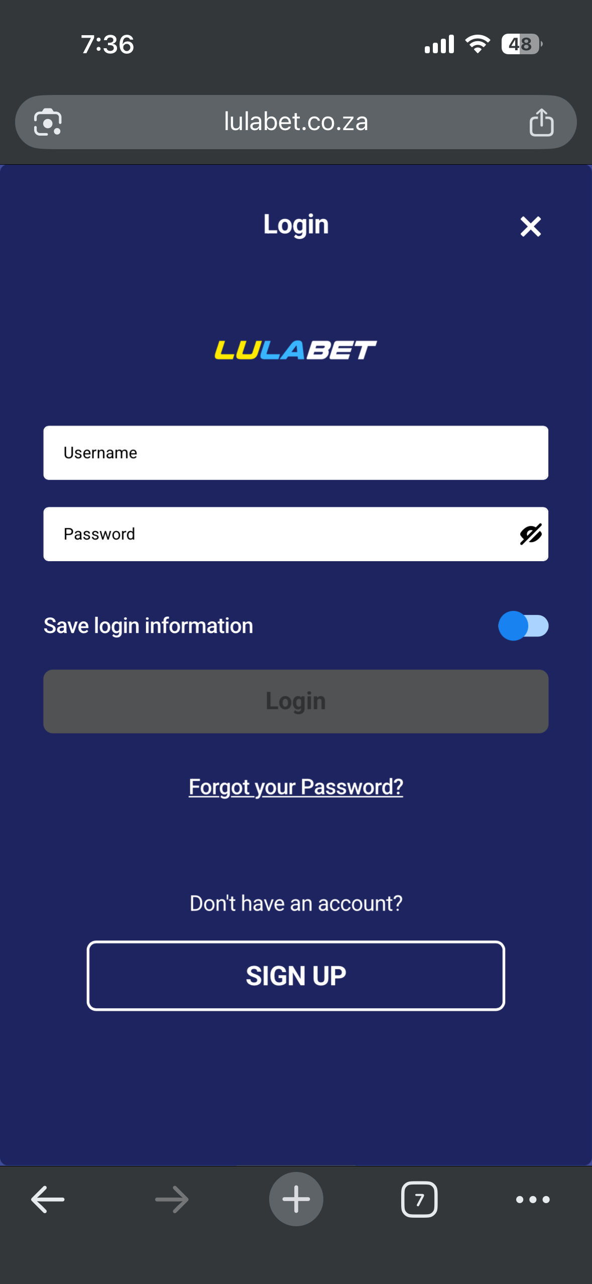 Lulabet login screen showing username or email and password fields