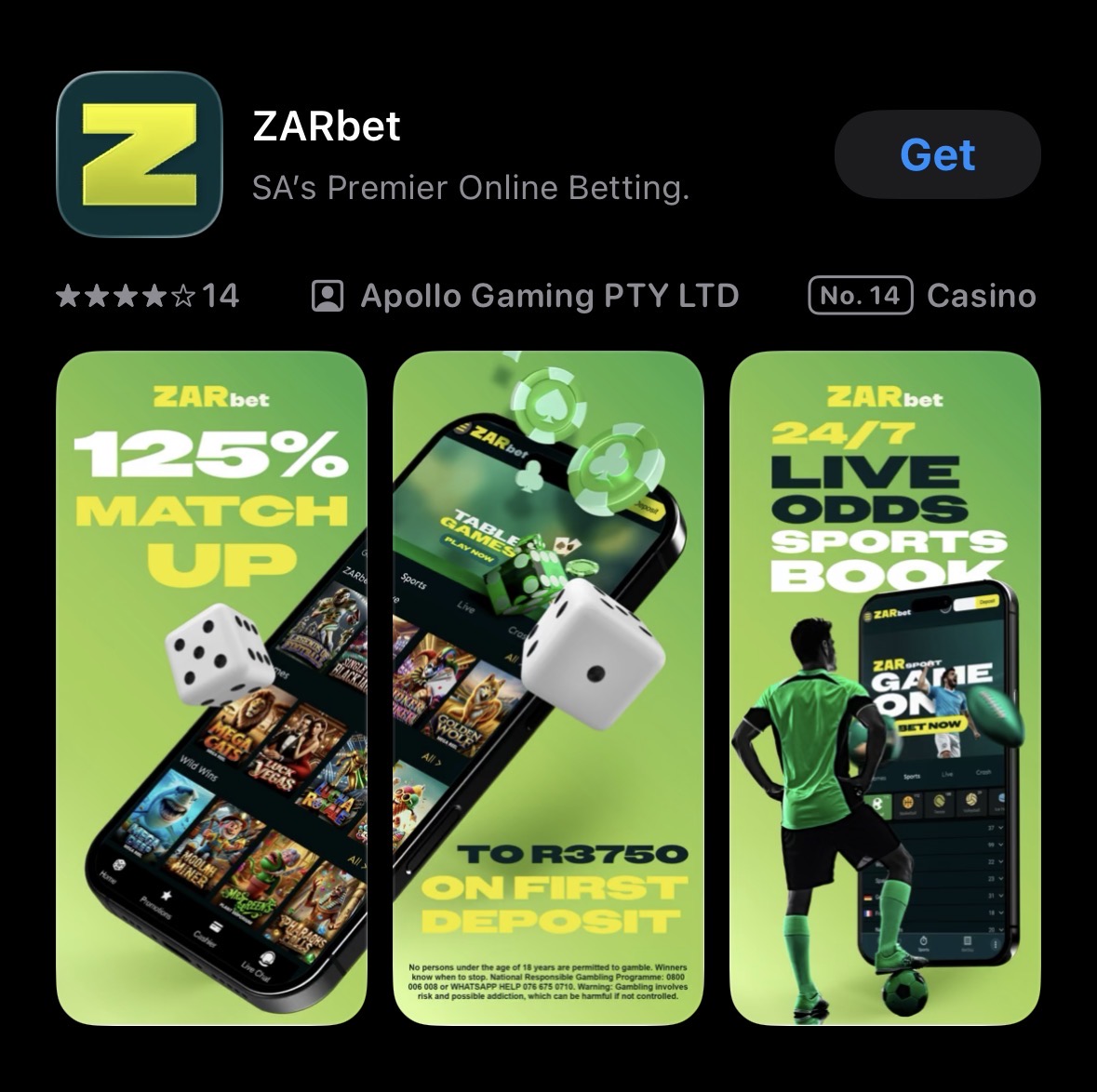 ZARbet mobile app preview screenshot