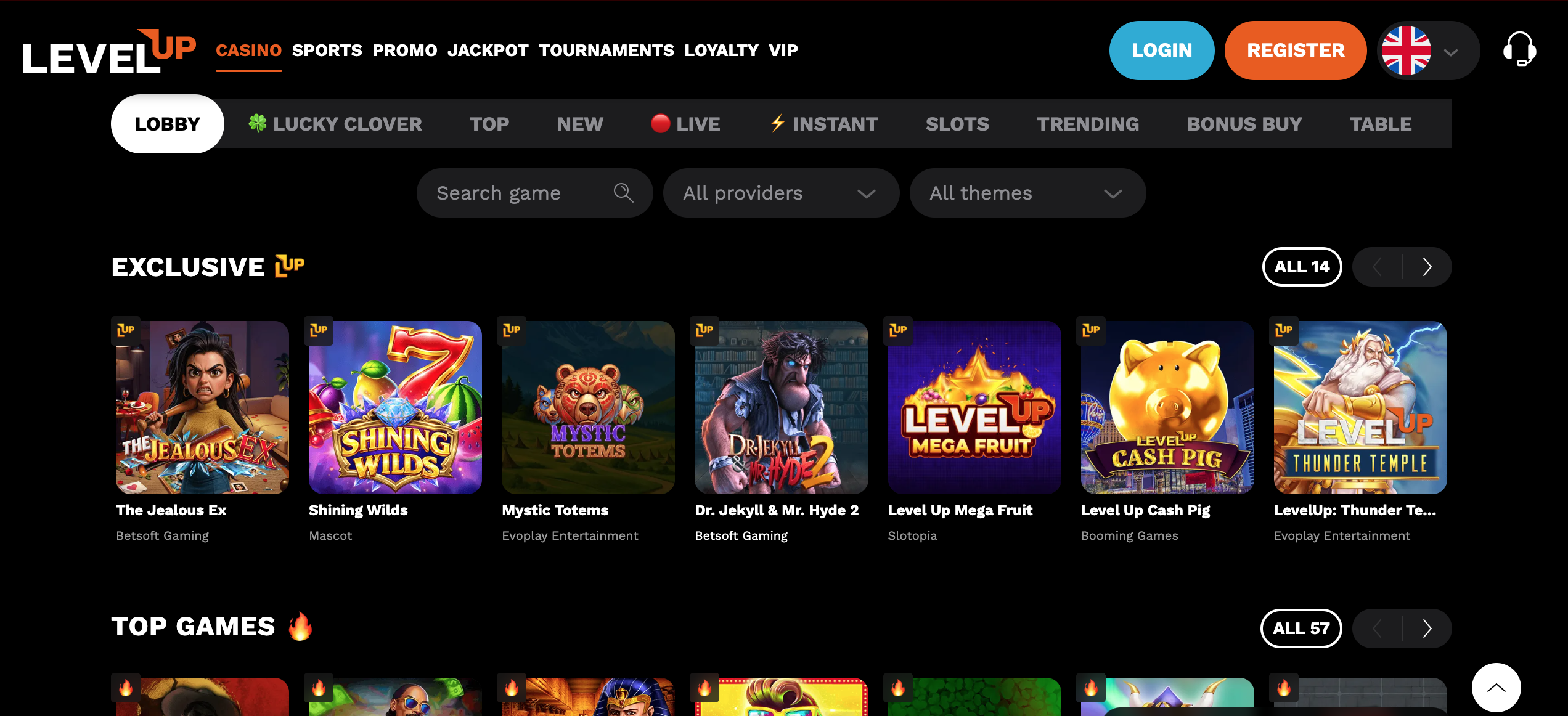 LevelUp Casino mobile homepage preview