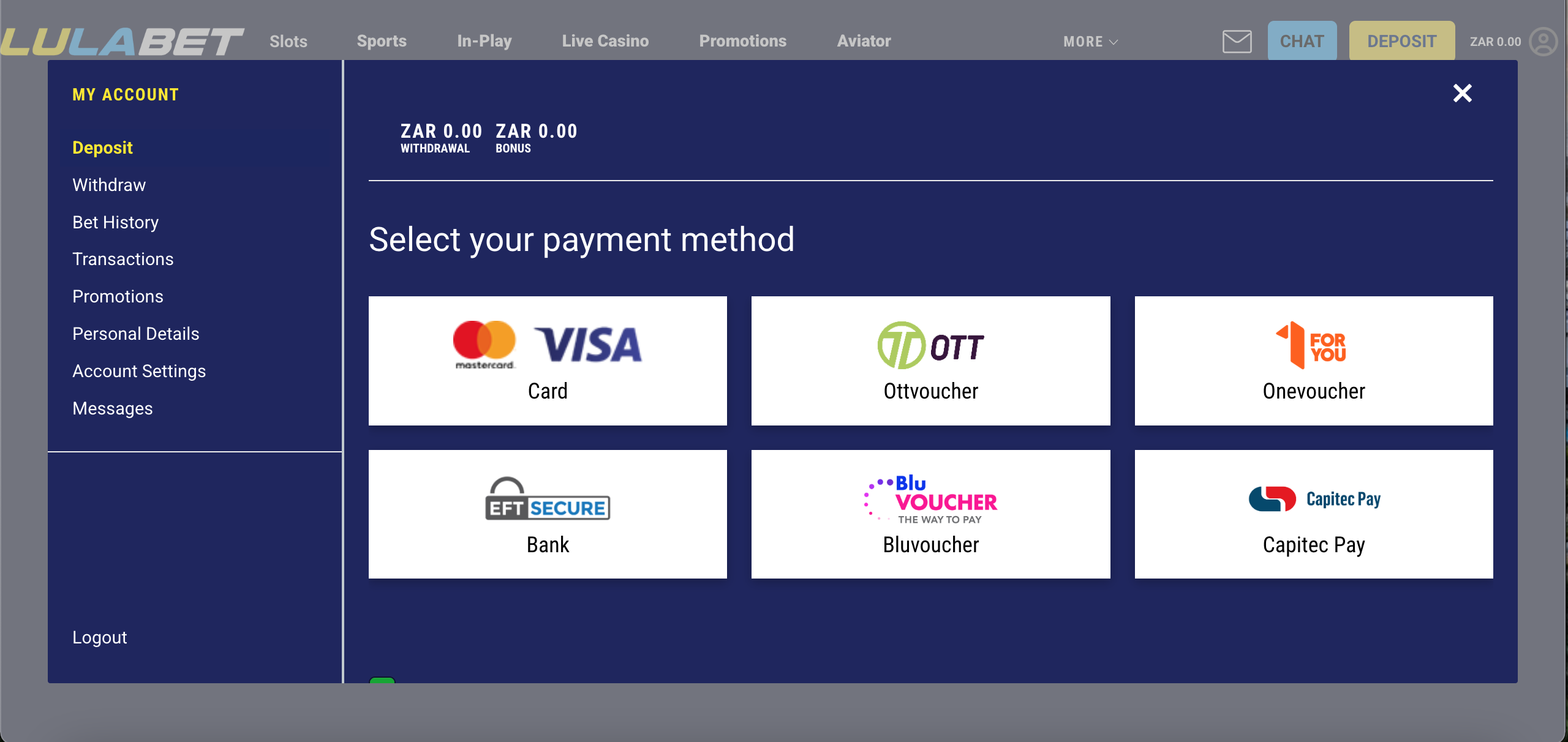 LulaBet deposit methods: Card, OTT Voucher, 1Voucher, EFT Secure, BluVoucher, Capitec Pay