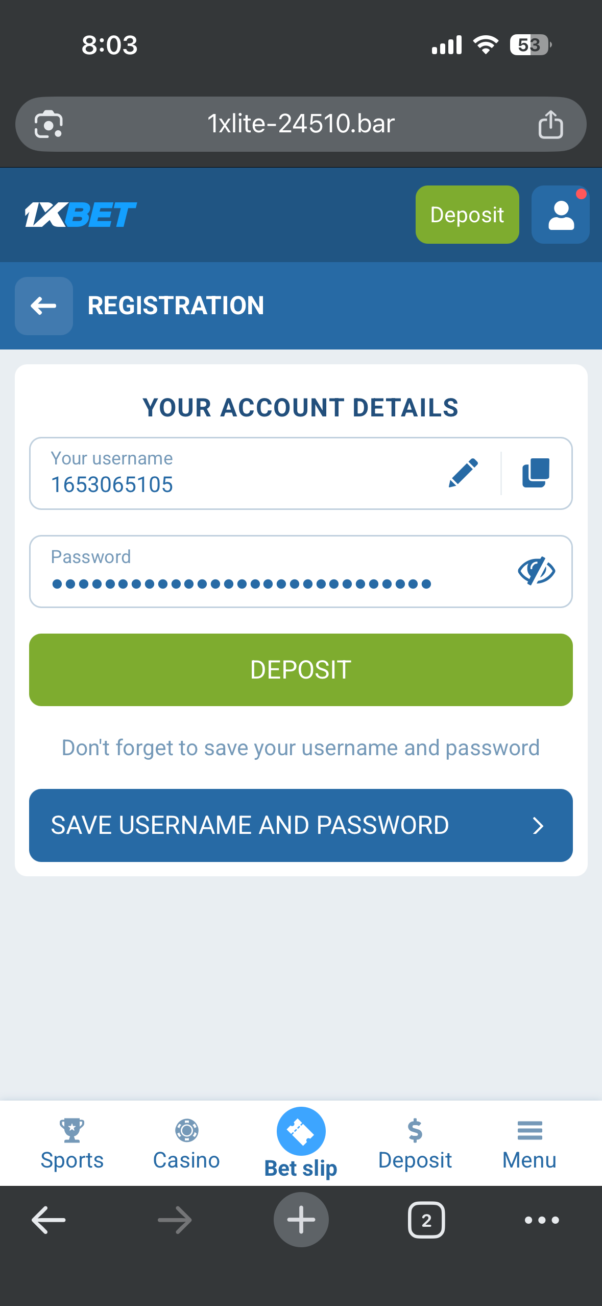 1xBet one click username and password