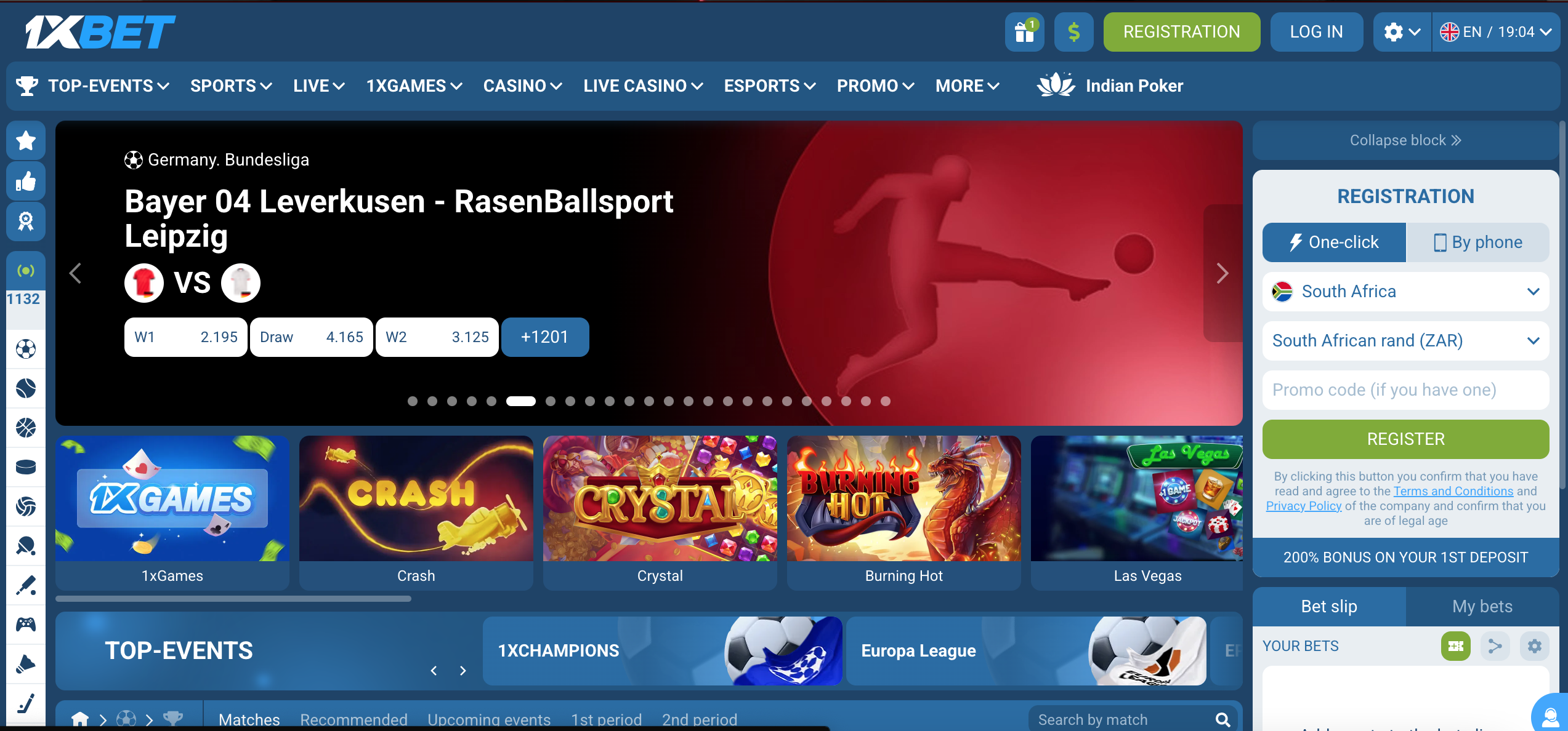1xBet homepage screenshot
