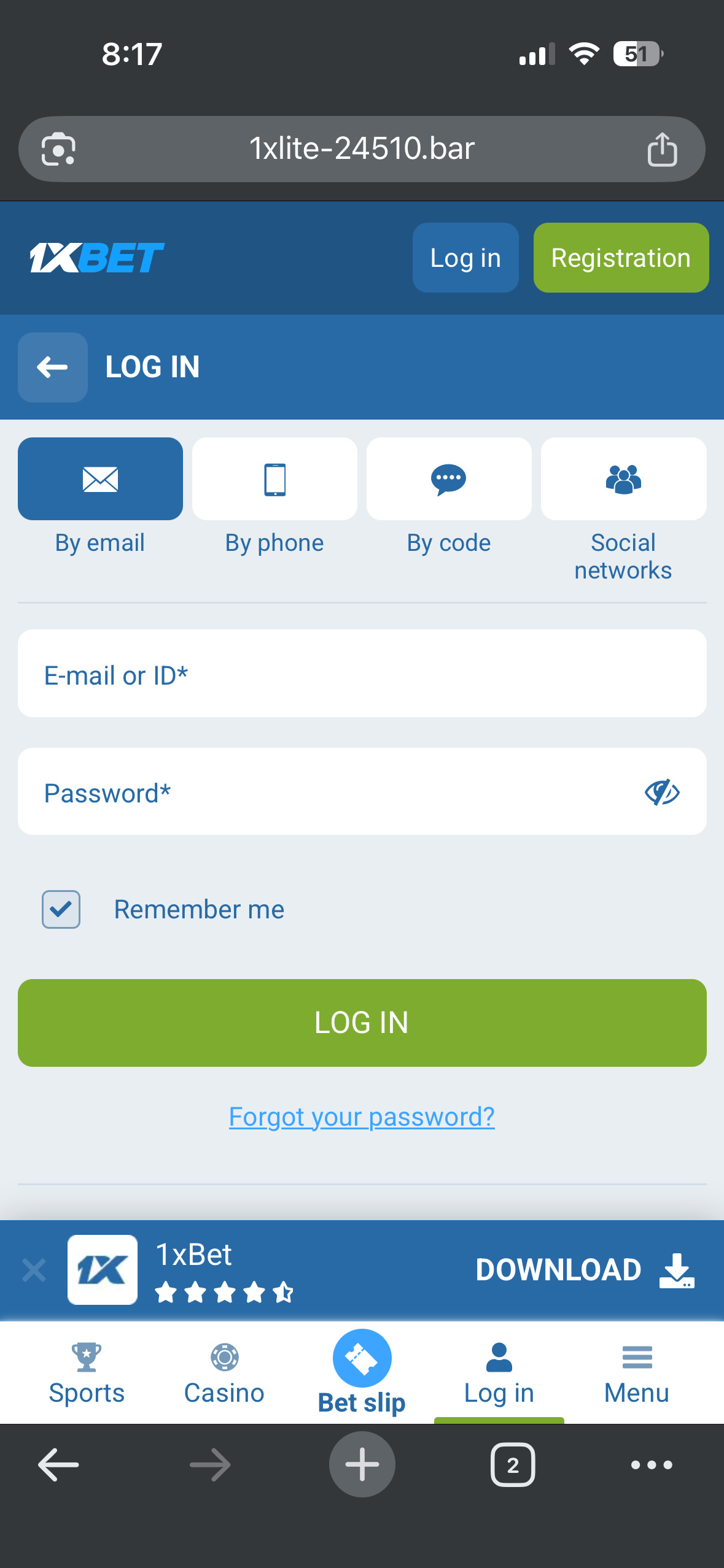 1xBet login method options