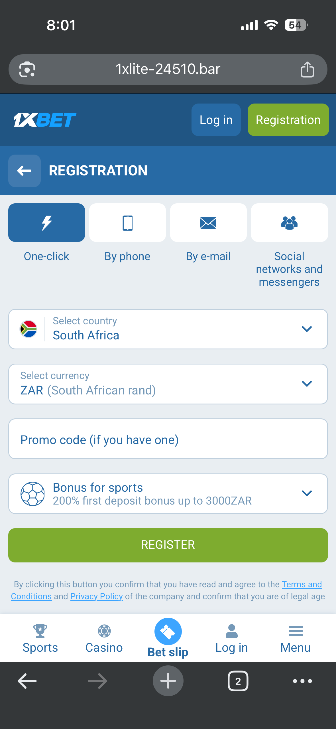 1xBet one click registration form