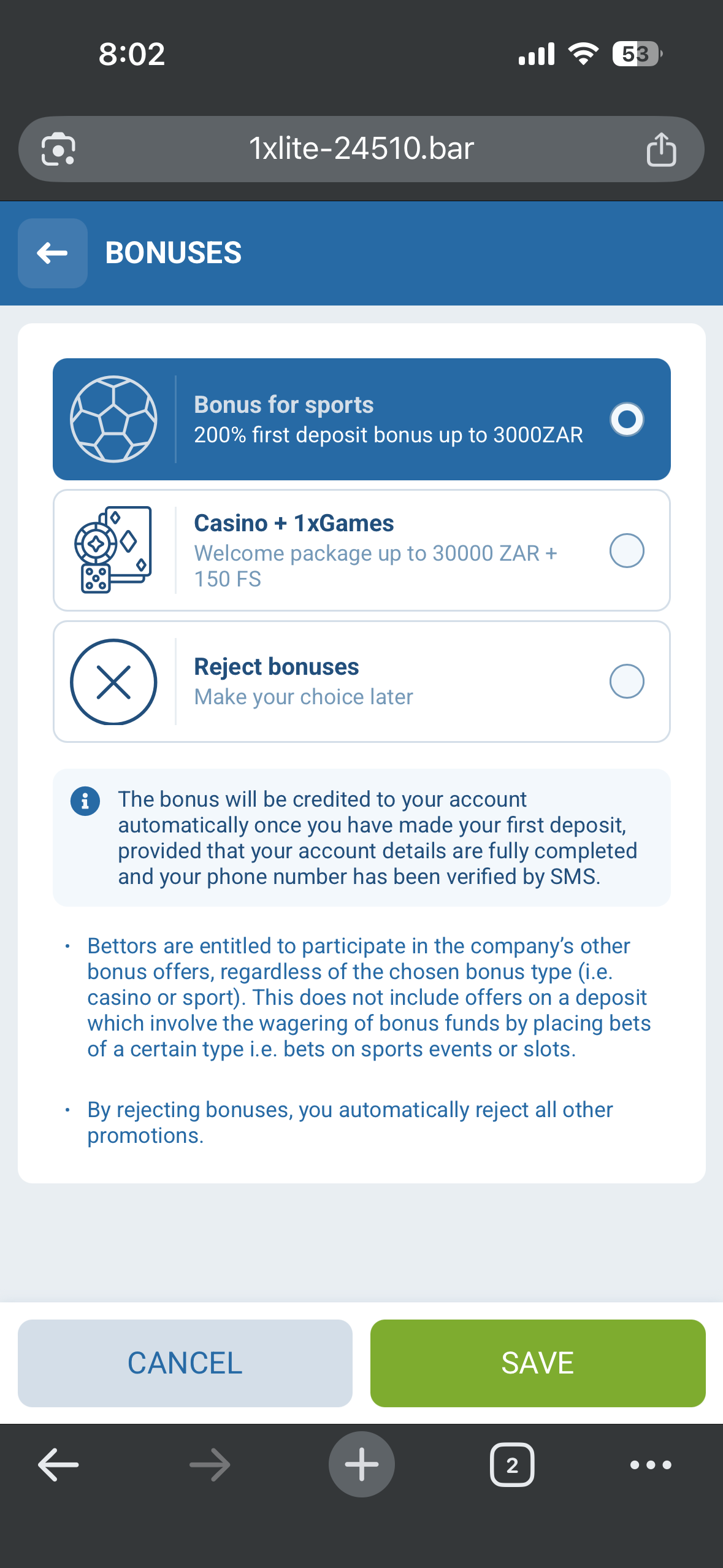 1xBet registration bonus selection