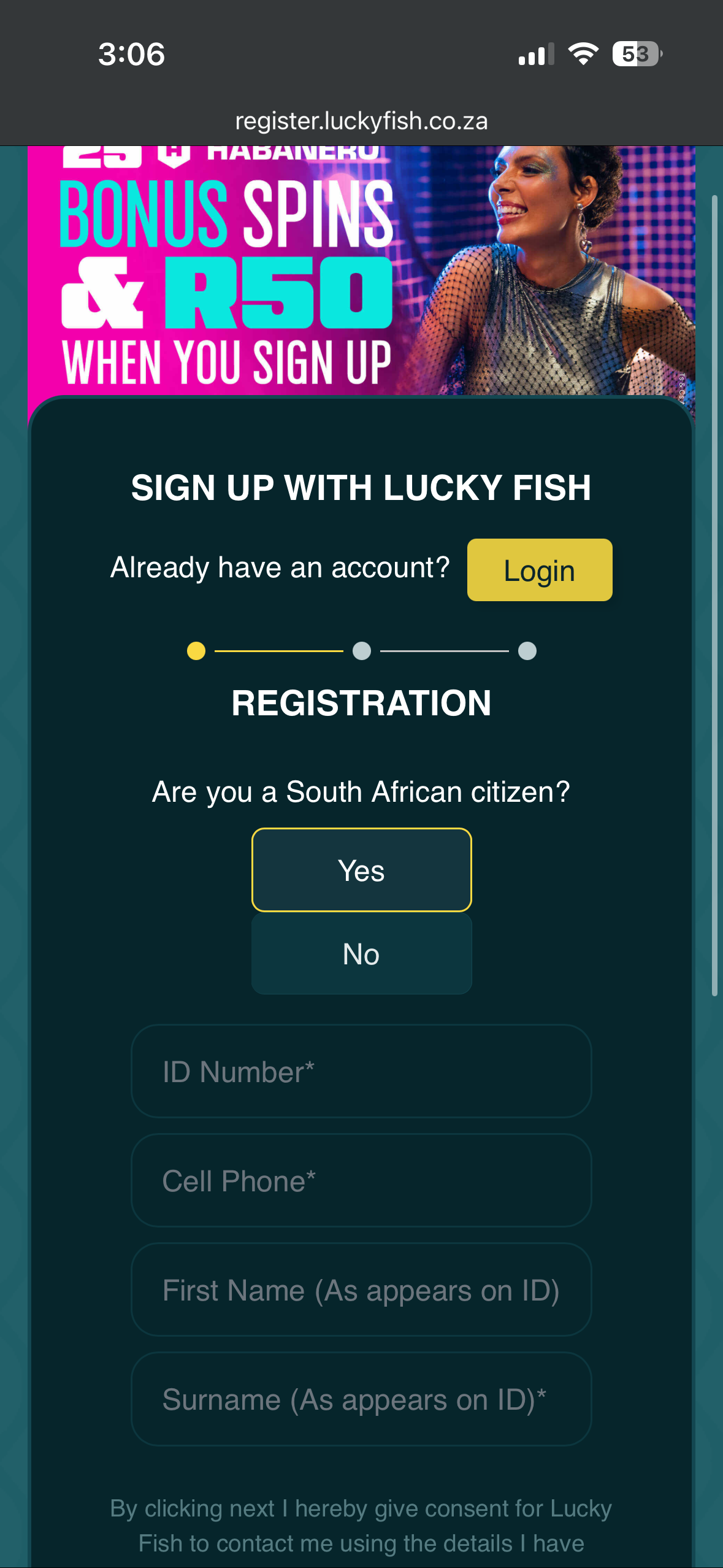 LuckyFish sign up page 1 showing the first stage of registration