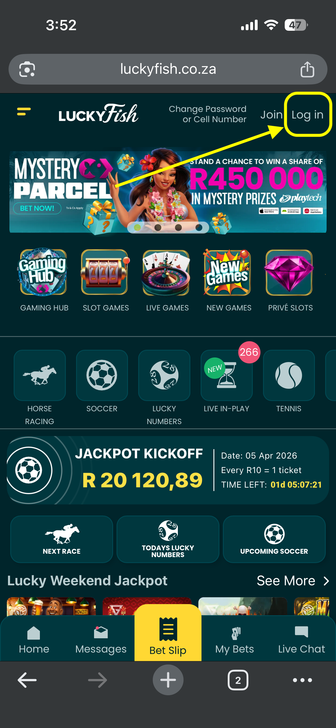 LuckyFish homepage showing the login button