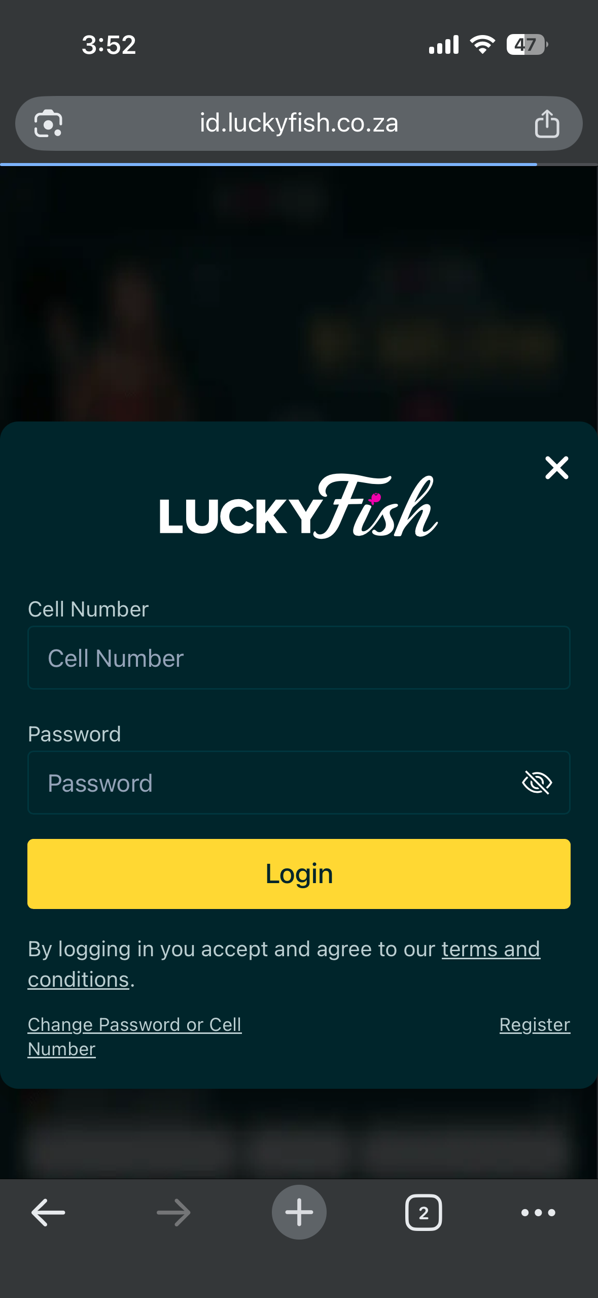 LuckyFish login page showing the sign-in form