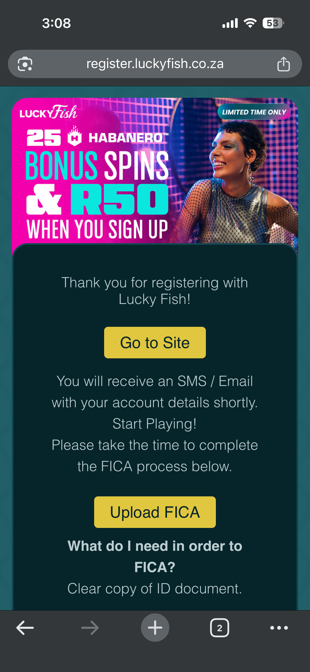 LuckyFish sign up confirmation page after registration is complete