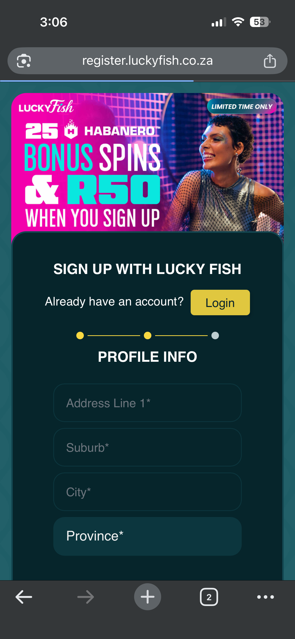 LuckyFish sign up page 2 showing the next stage of account creation