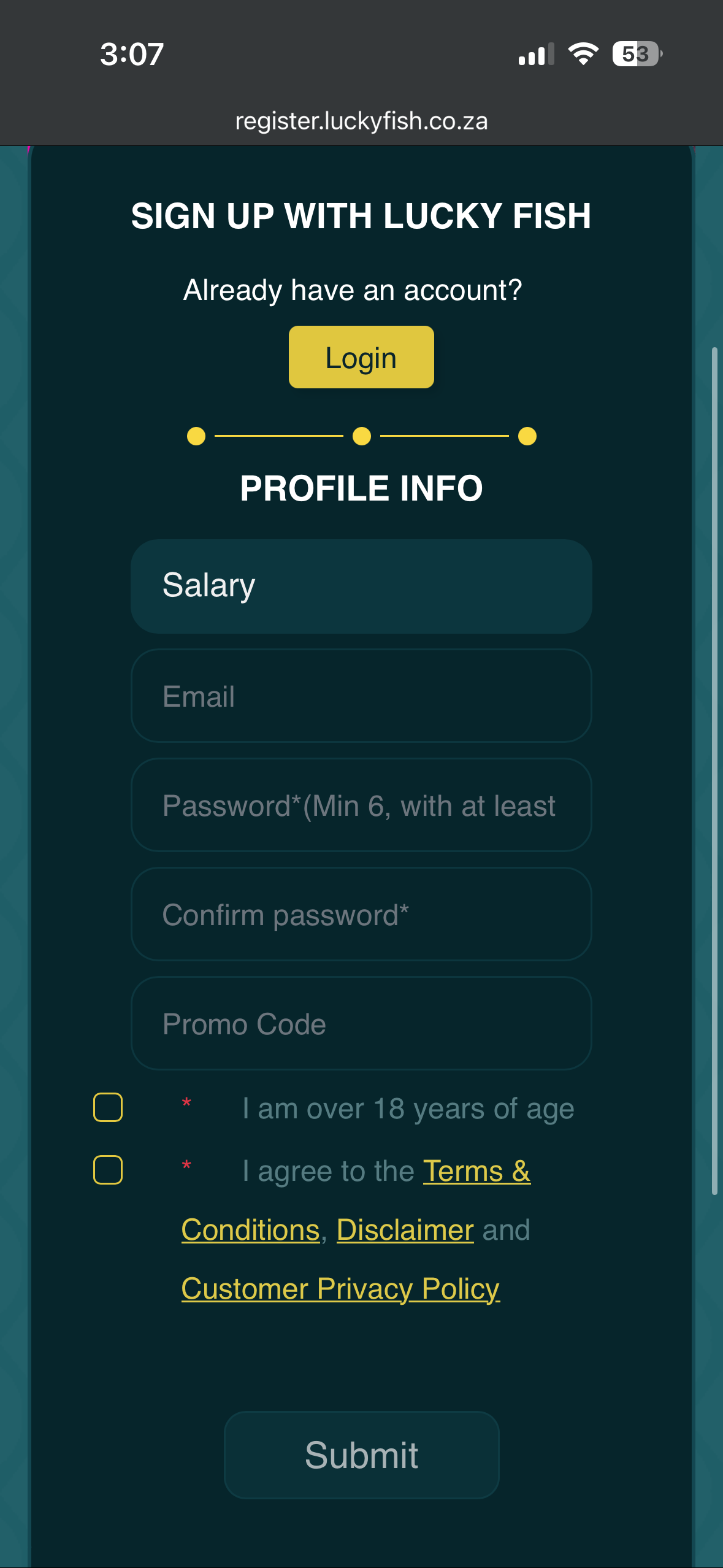 LuckyFish sign up page 3 showing the final stage before account confirmation
