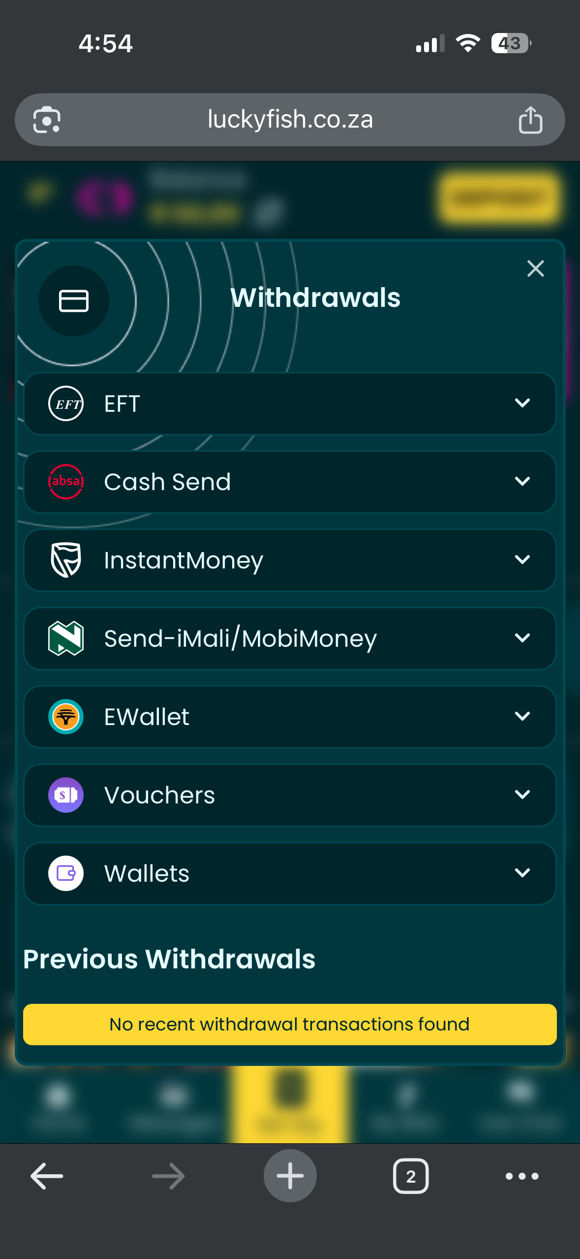 LuckyFish withdrawal options South Africa