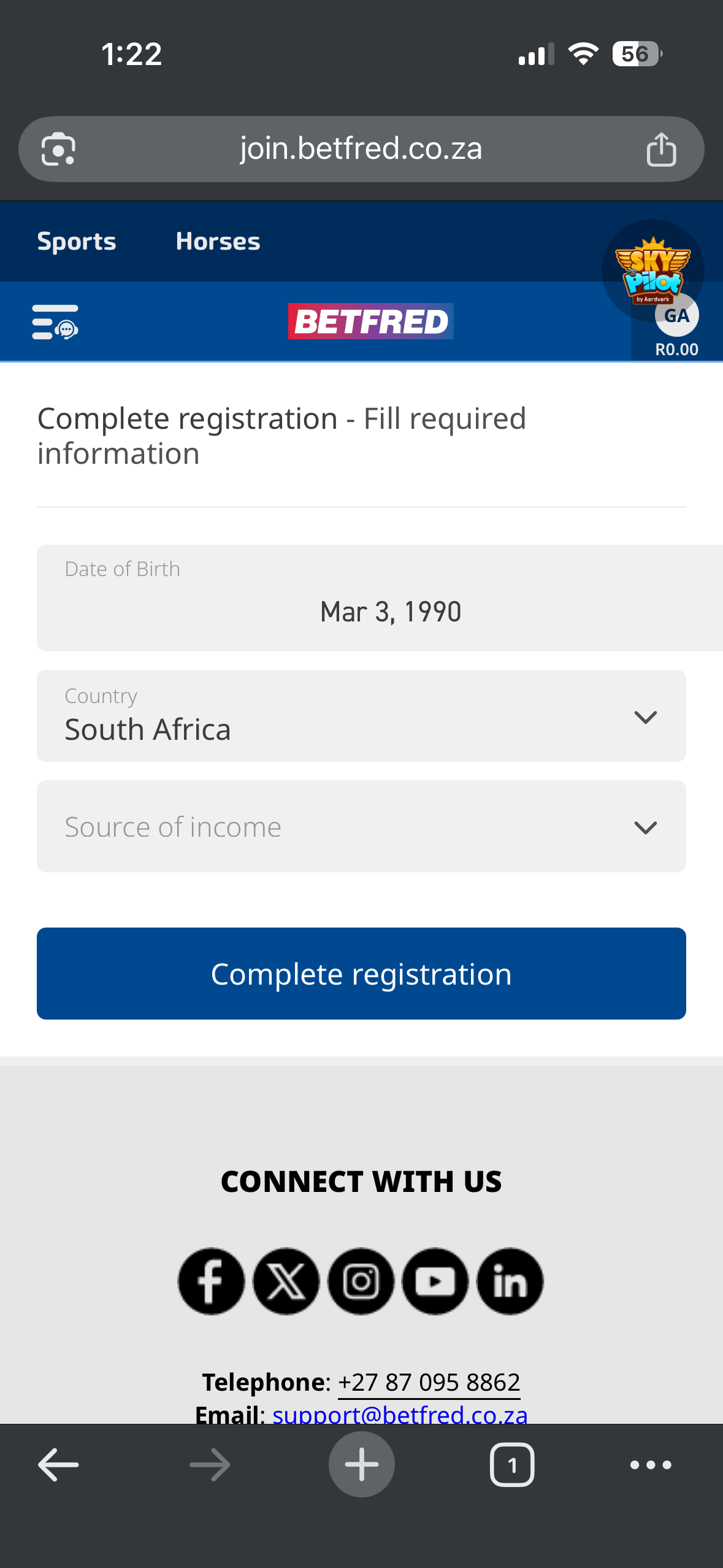 Betfred complete registration screen