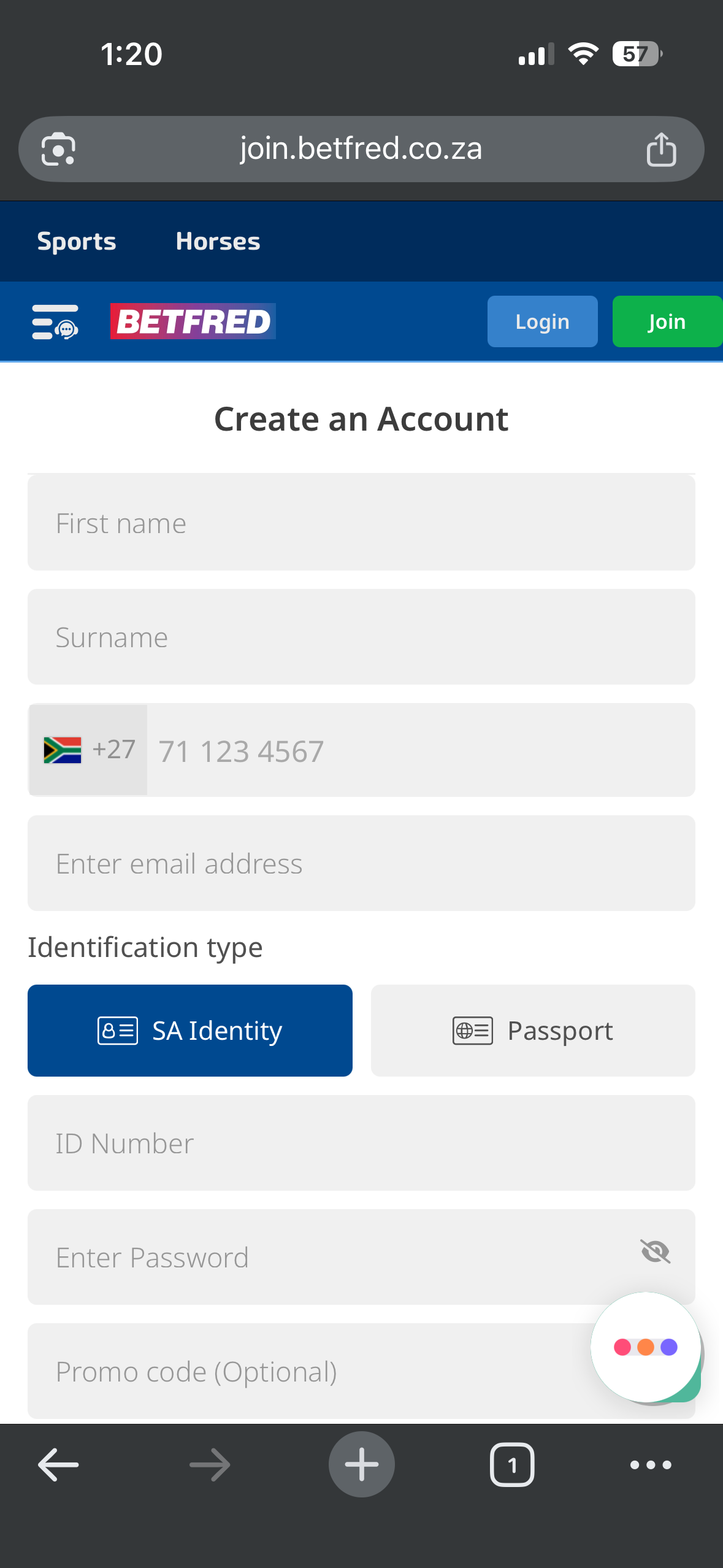 Betfred create an account registration form