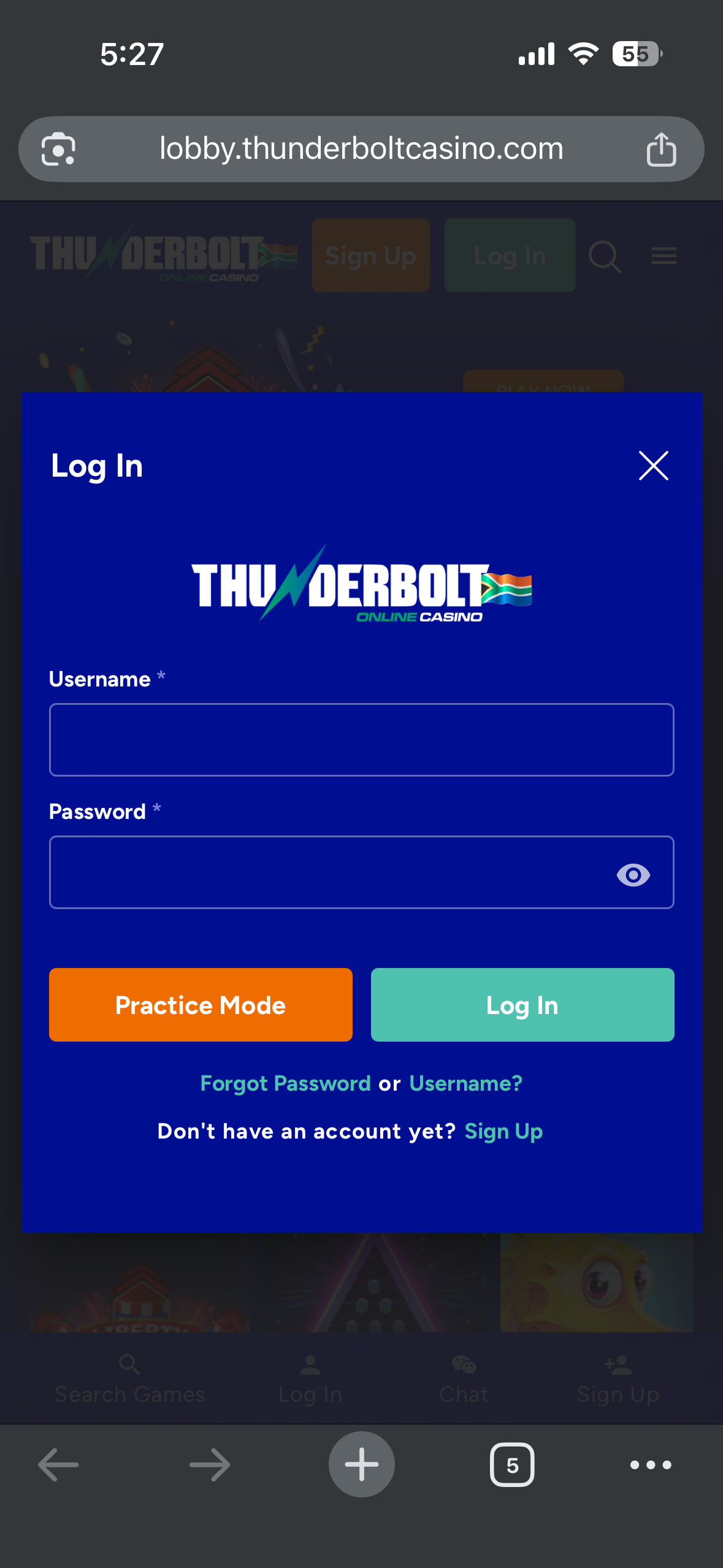 Thunderbolt Casino login window
