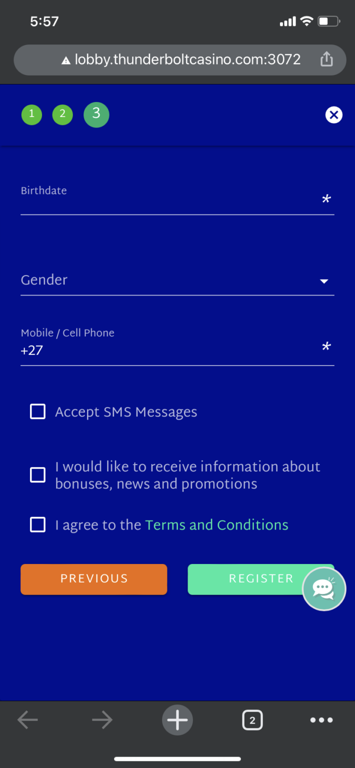 Thunderbolt Casino sign up step 3 age gender and terms