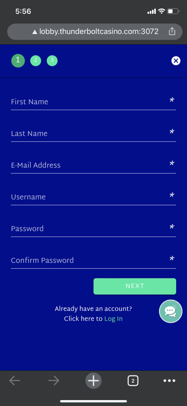 Thunderbolt Casino sign up step 1 personal details