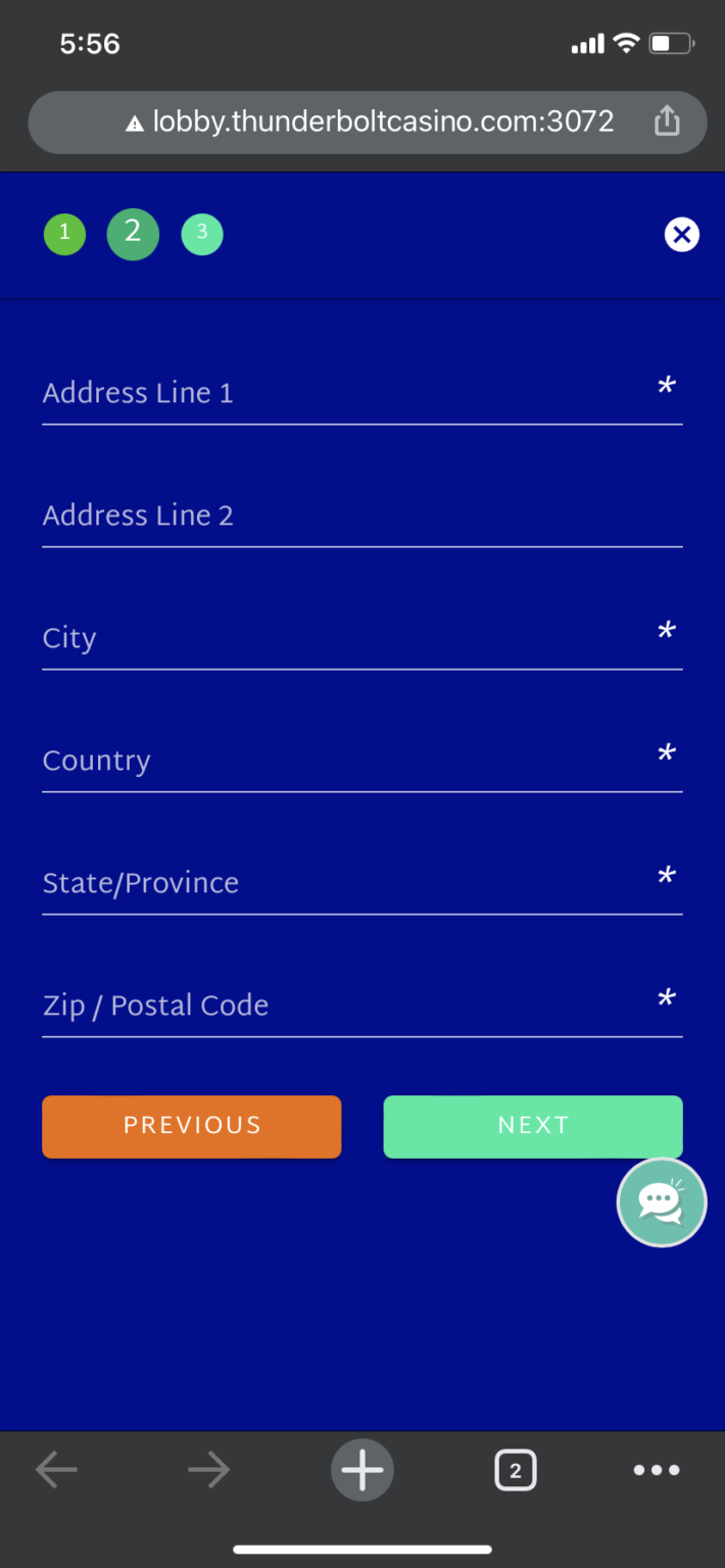 Thunderbolt Casino sign up step 2 address details