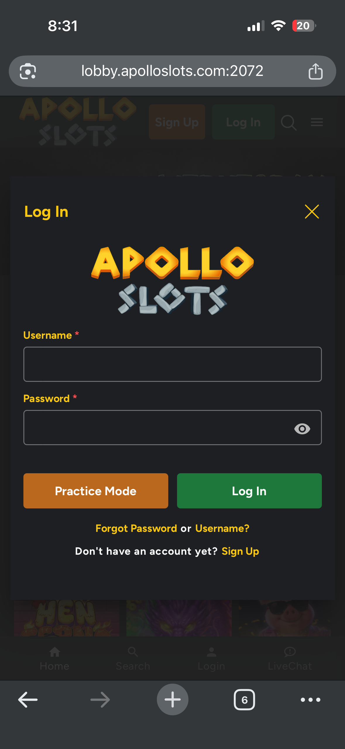 Apollo Slots Casino login screen