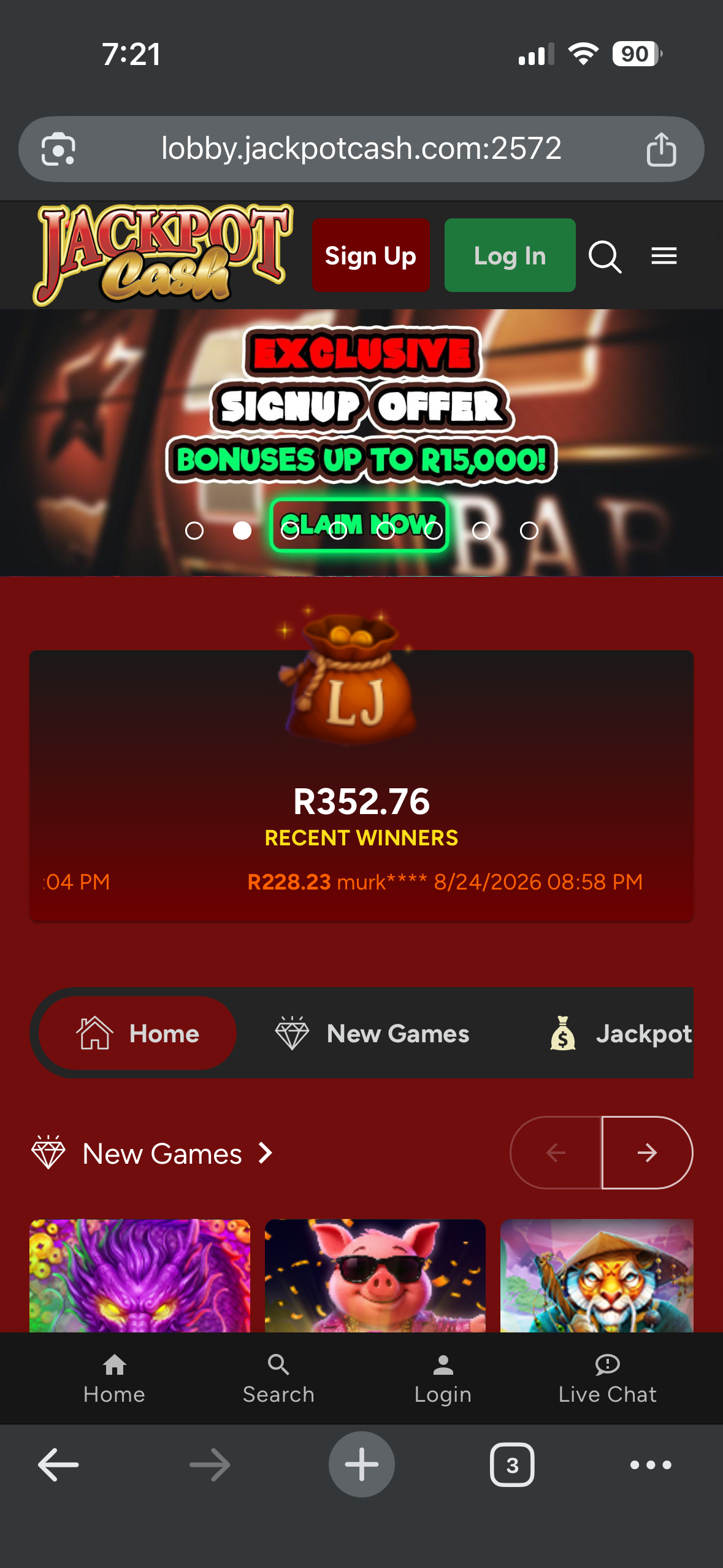 Jackpot Cash Casino mobile homepage