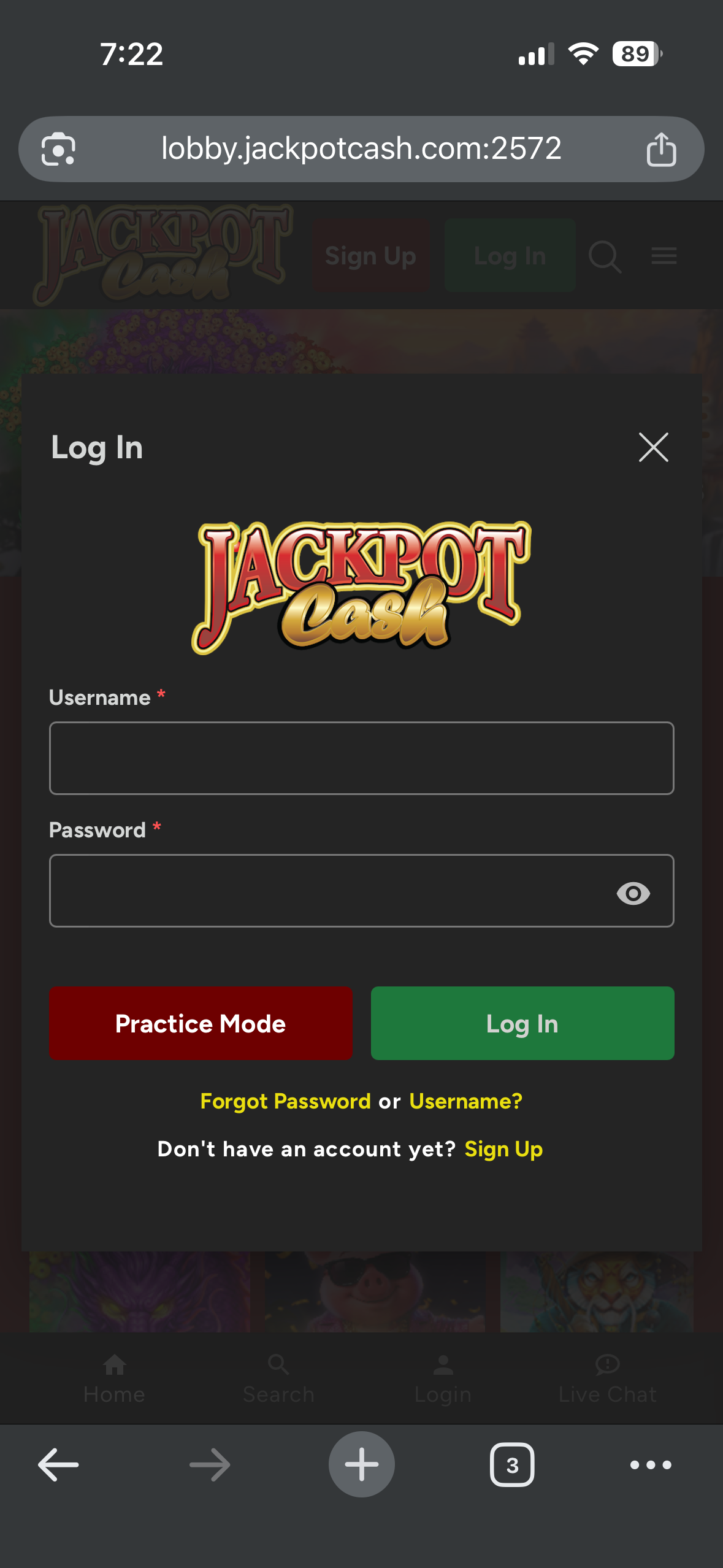 Jackpot Cash Casino login screen