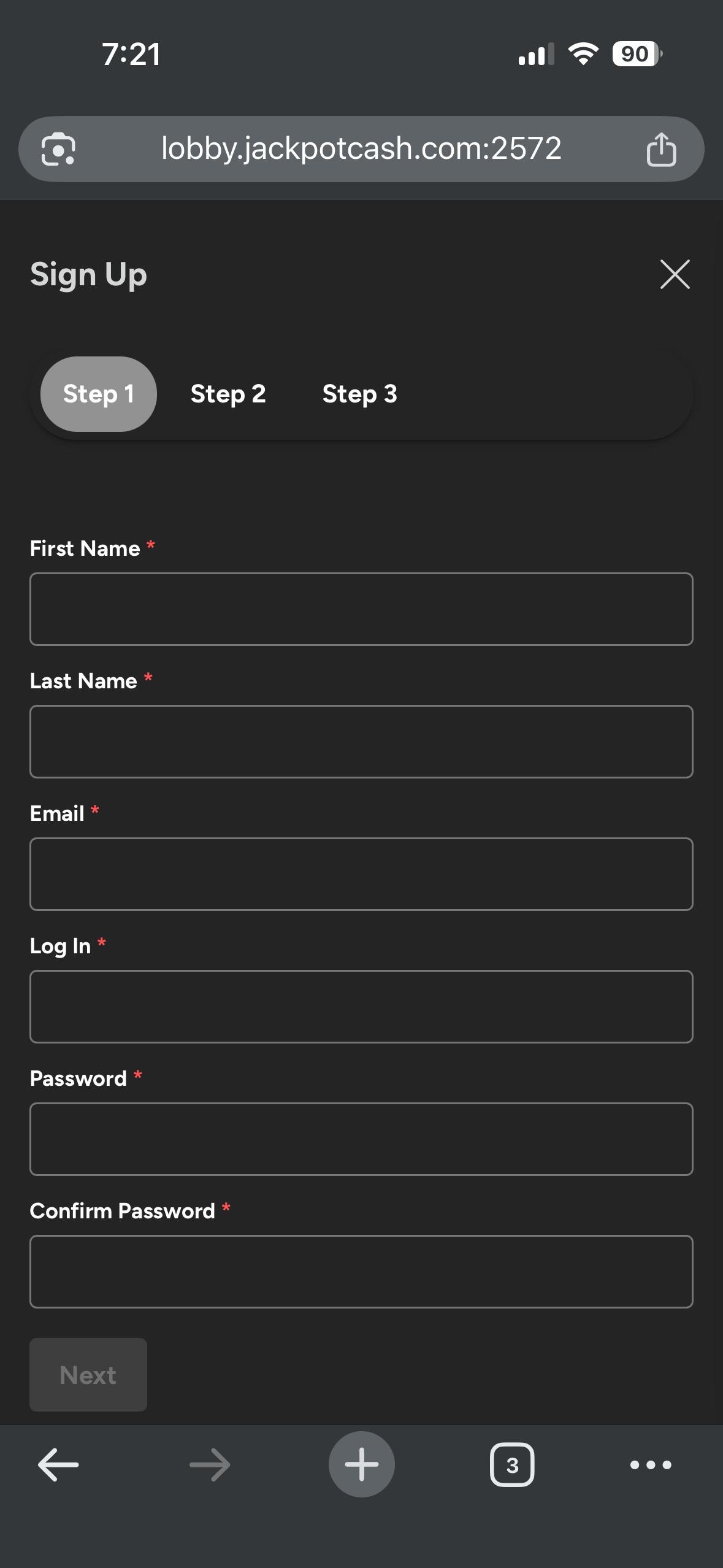 Jackpot Cash Casino signup form
