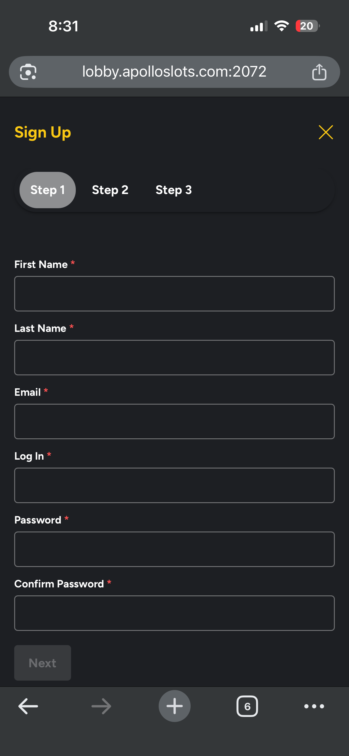 Apollo Slots Casino signup registration page