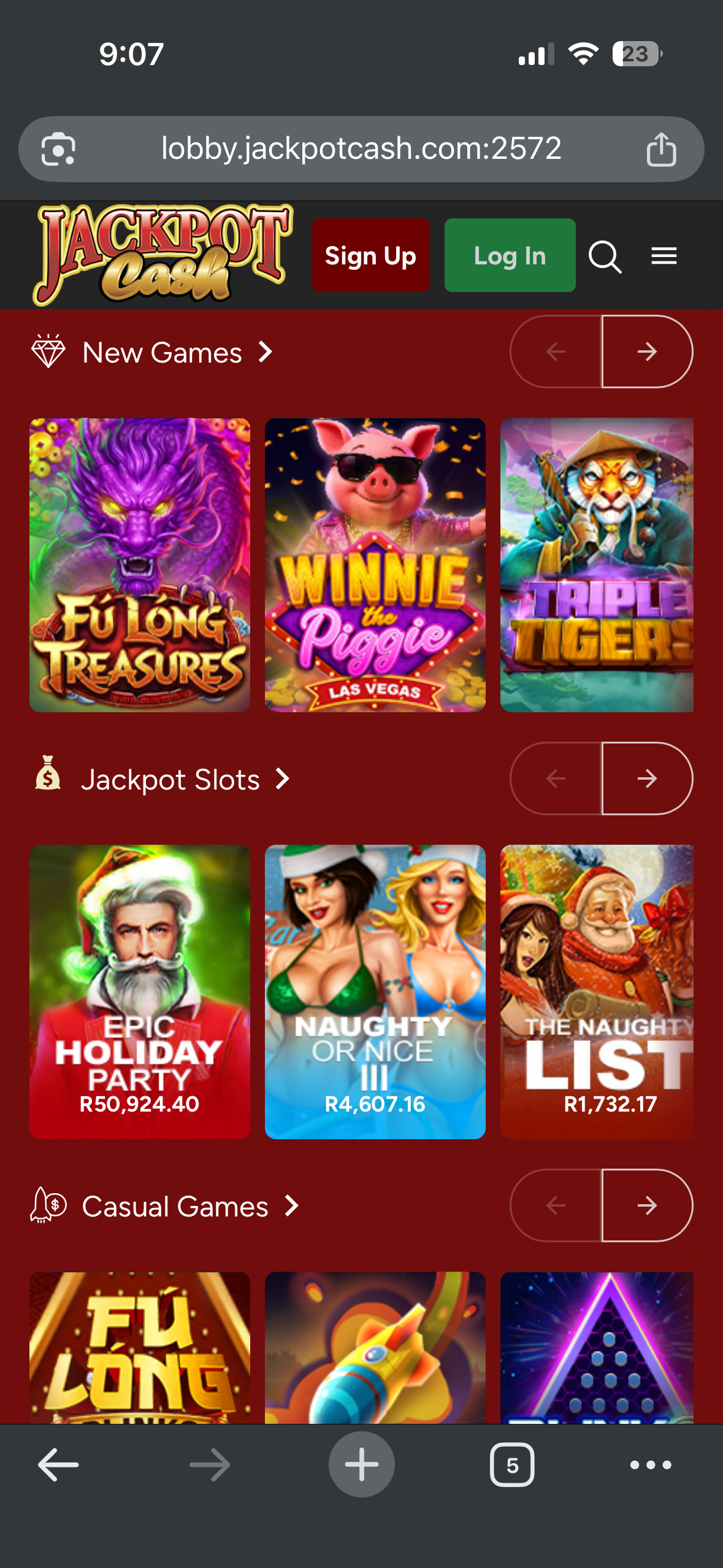 Jackpot Cash Casino games lobby showing online casino games
