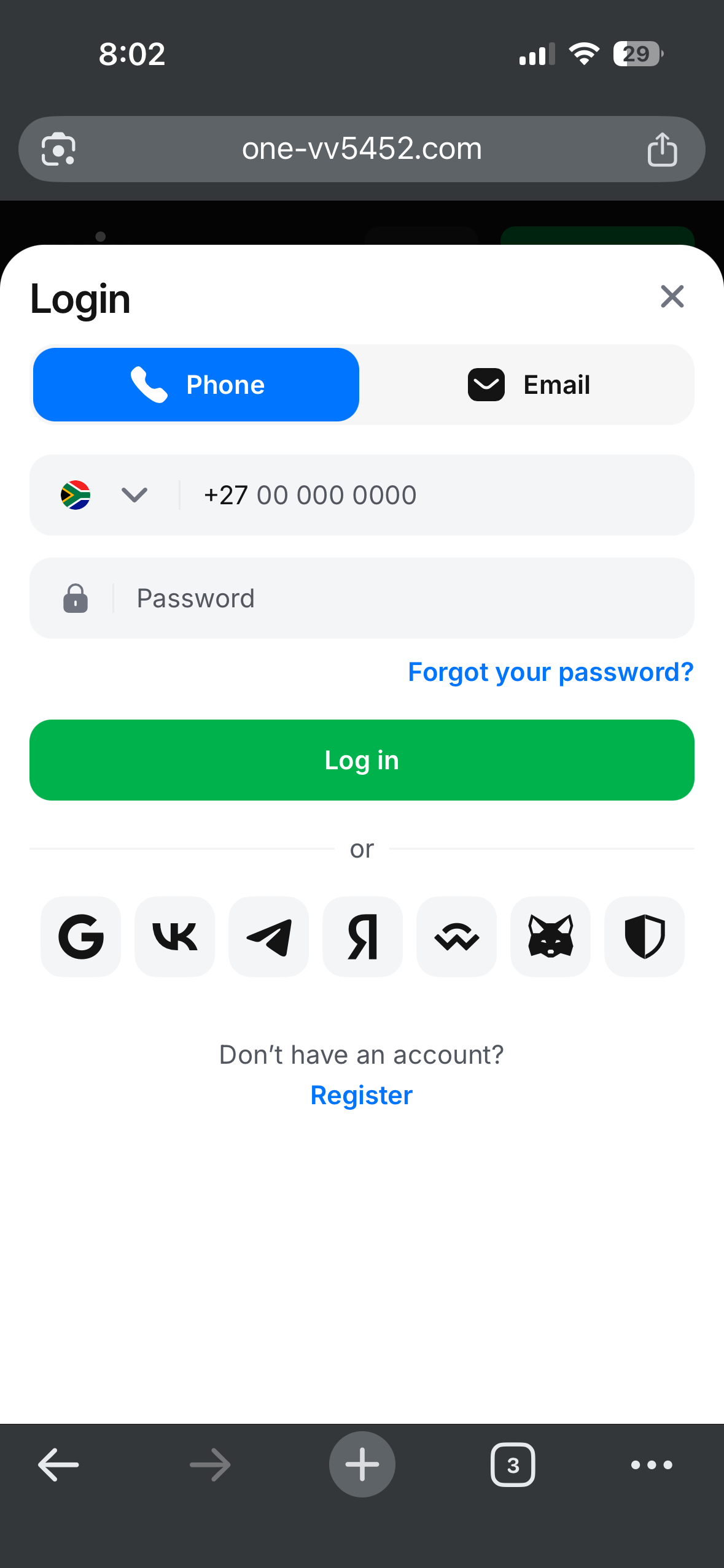 1win login screen