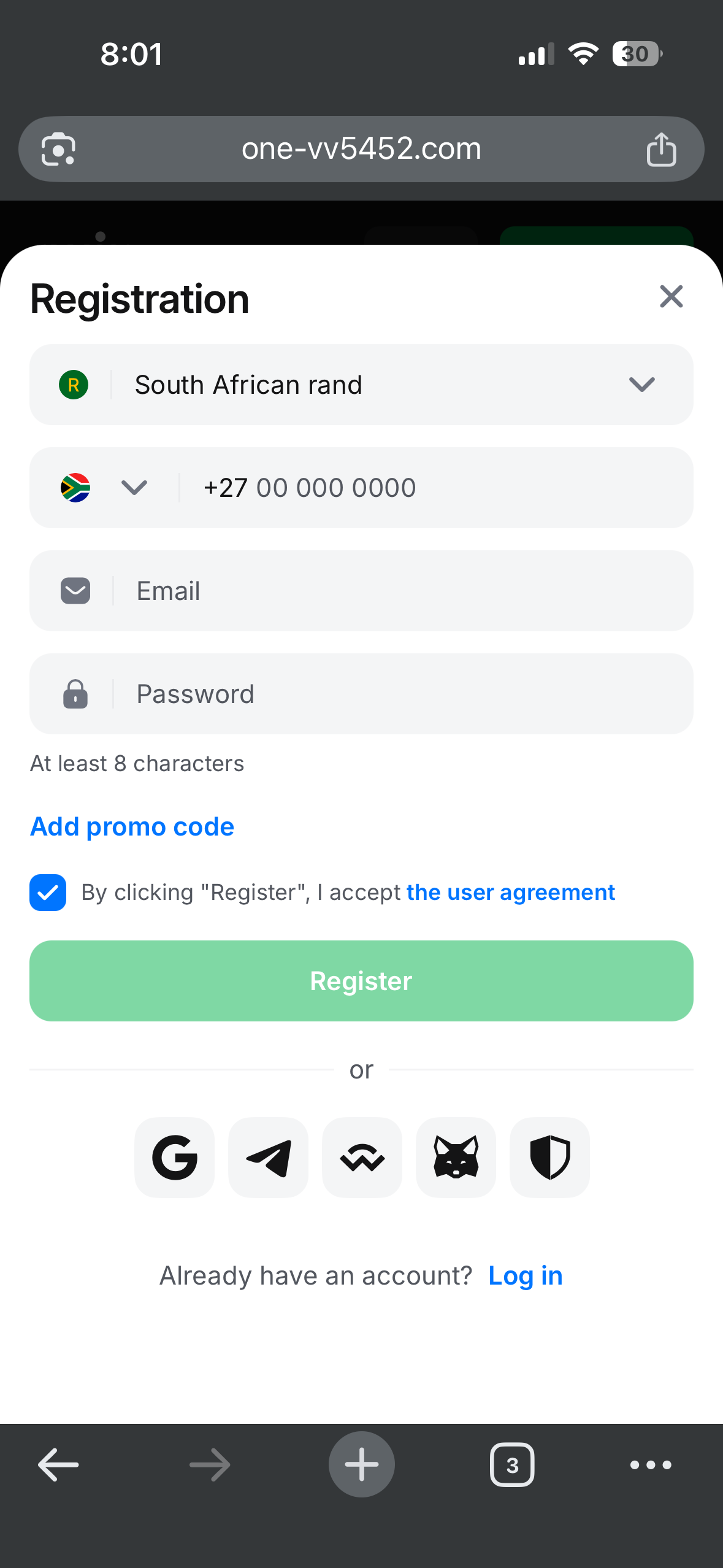 1win registration signup page