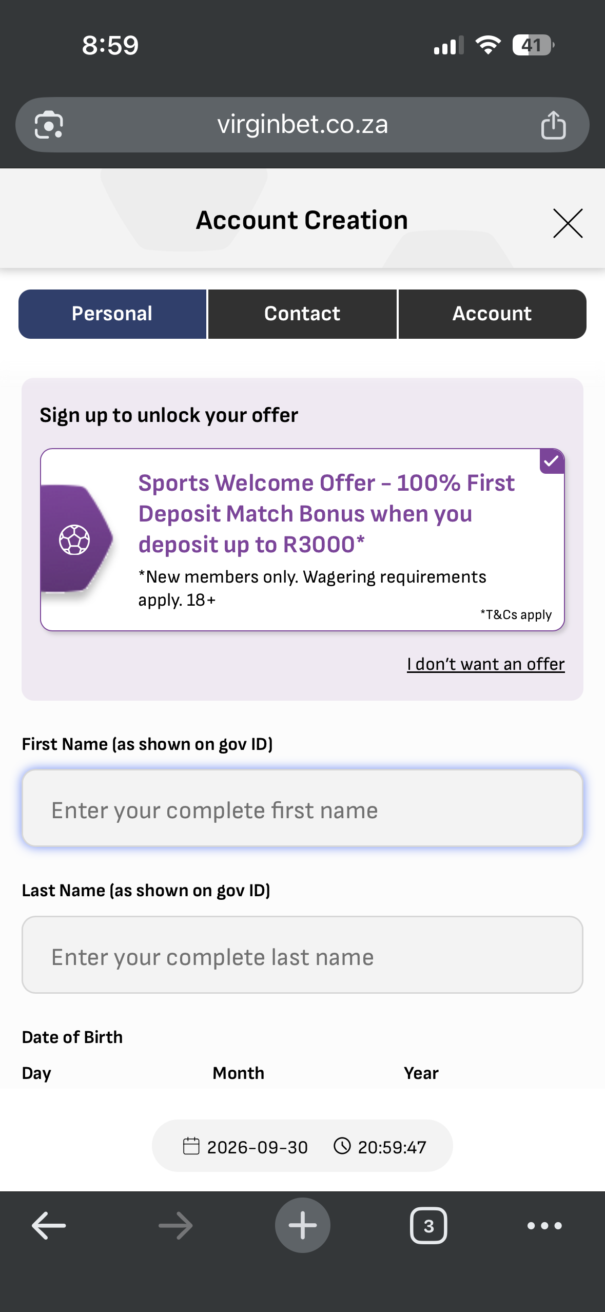 Virgin Bet South Africa registration process part one screenshot