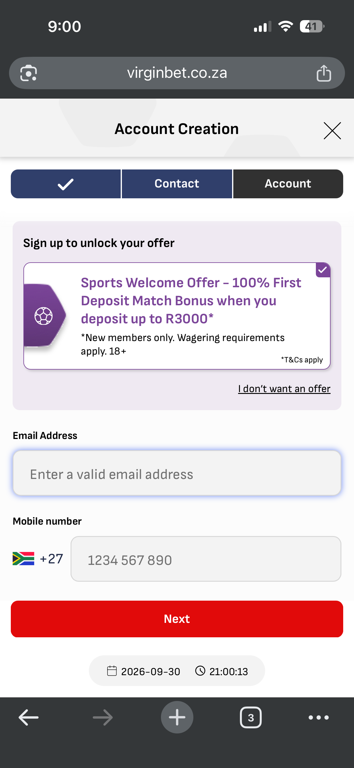 Virgin Bet South Africa registration process part two screenshot