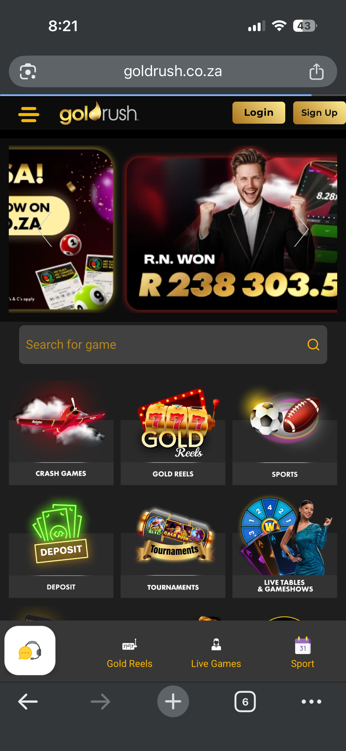 Goldrush Casino South Africa homepage with casino games and sports betting